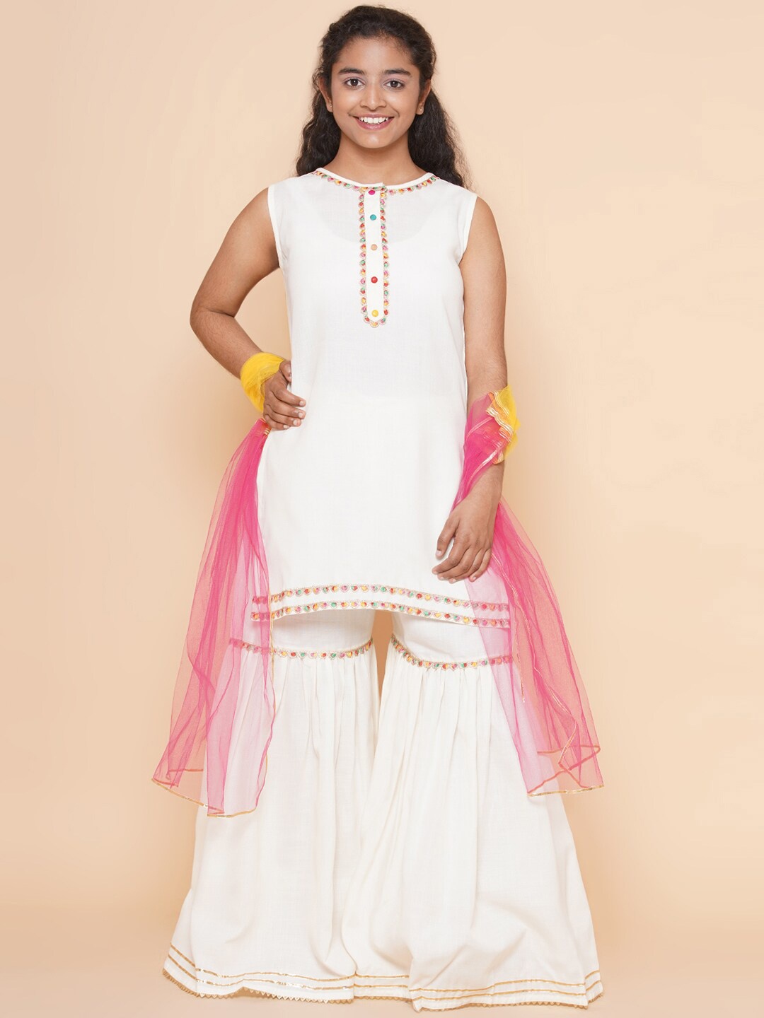 

Modish Couture Girls Gotta Patti Kurta With Sharara & With Dupatta, Off white