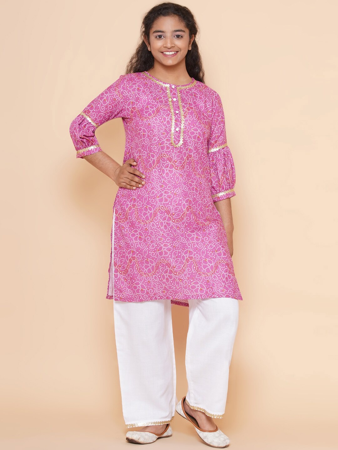 

Modish Couture Girls Bandhani Printed Regular Gotta Patti Kurta With Palazzos, Pink