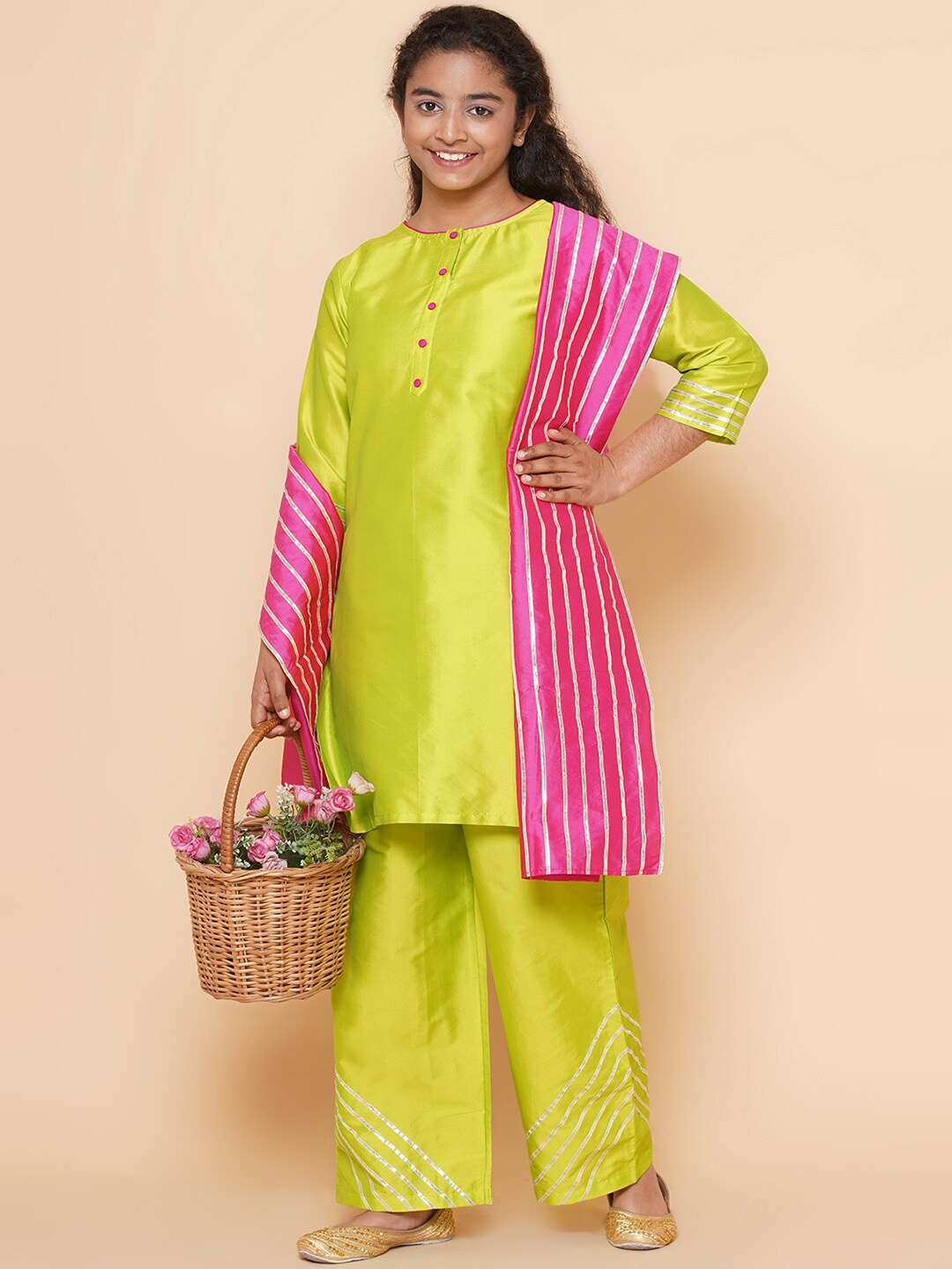 

Modish Couture Girls Boat Neck Regular Gotta Patti Kurta With Palazzos & Dupatta, Green