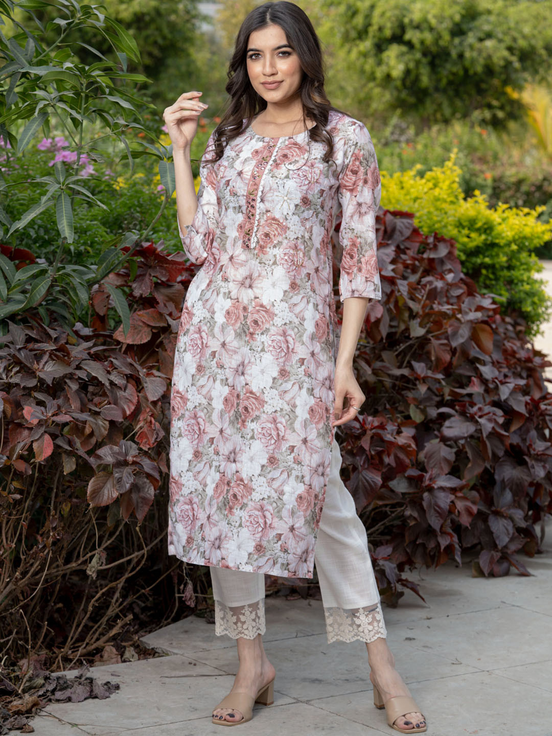 

all about you Floral Printed Mirror Work Kurta, Off white