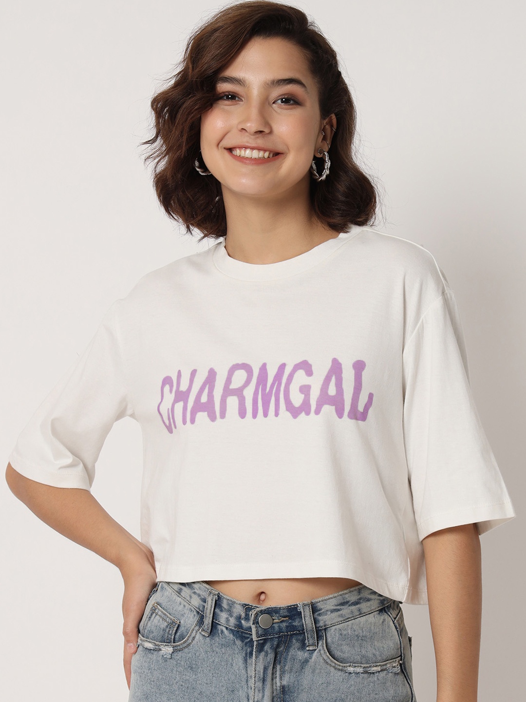CHARMGAL Typography Printed Boxy Fit Crop T-shirt, White