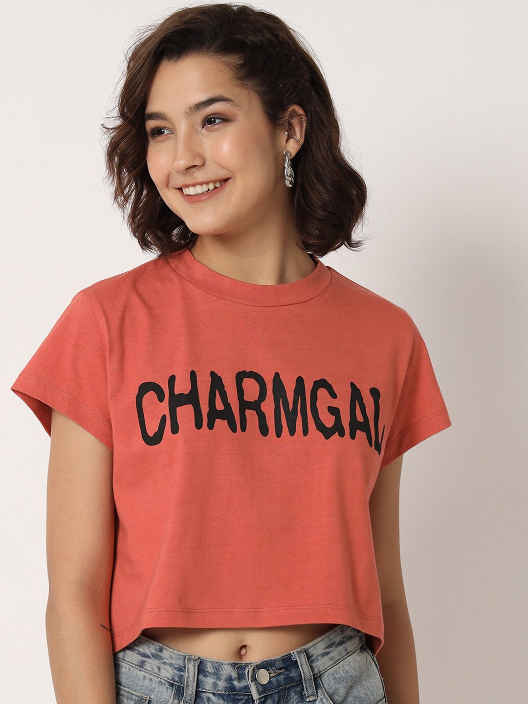 

CHARMGAL Typography Printed Boxy Fit Crop T-shirt, Orange