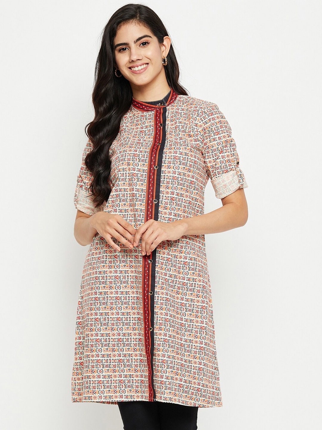 

Ruhaans Abstract Printed Mandarin Collar Cotton Tunic, Red