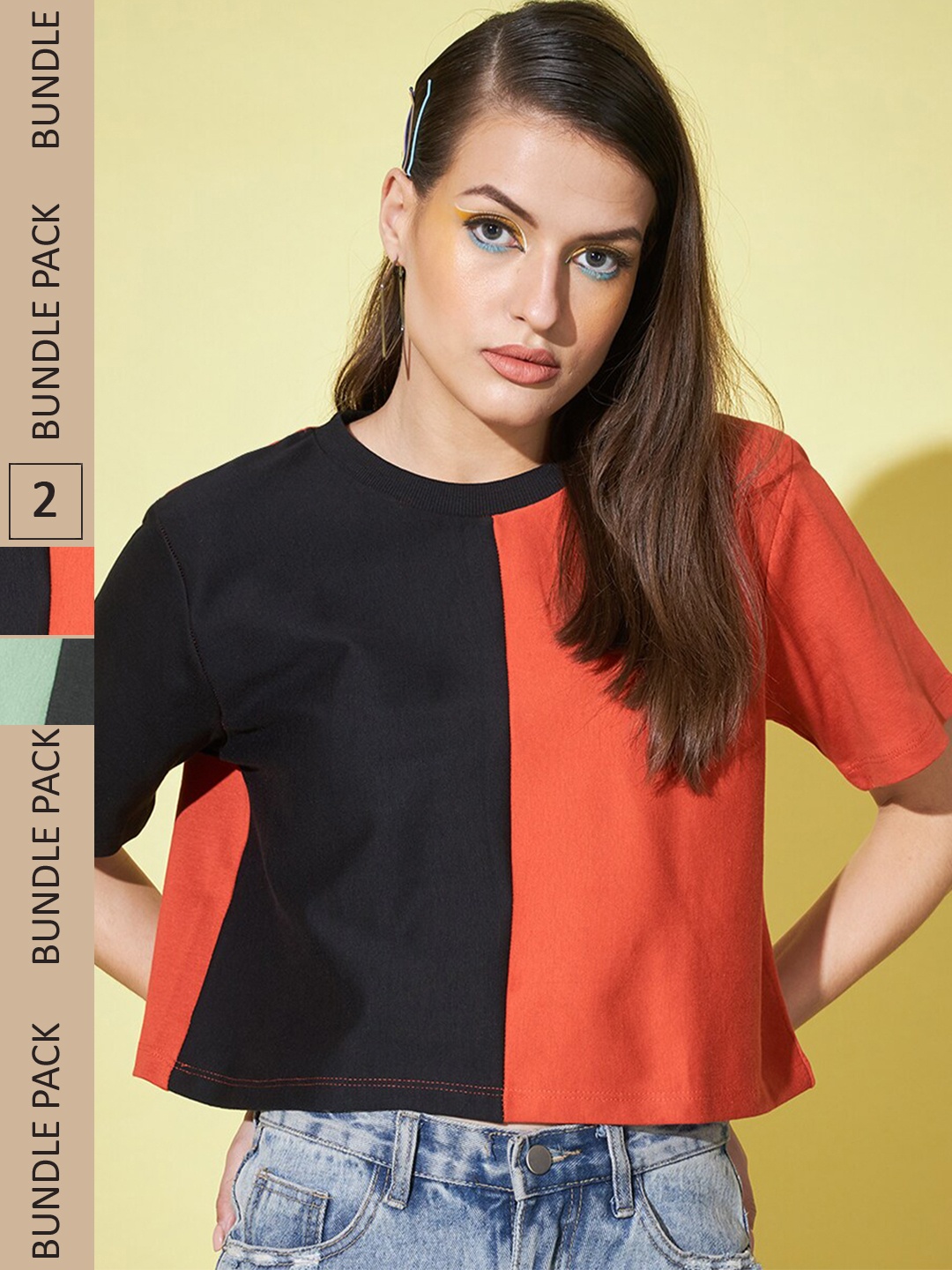 

GUTI Pack Of 2 Colourblocked Crop Cotton Boxy Tops, Black
