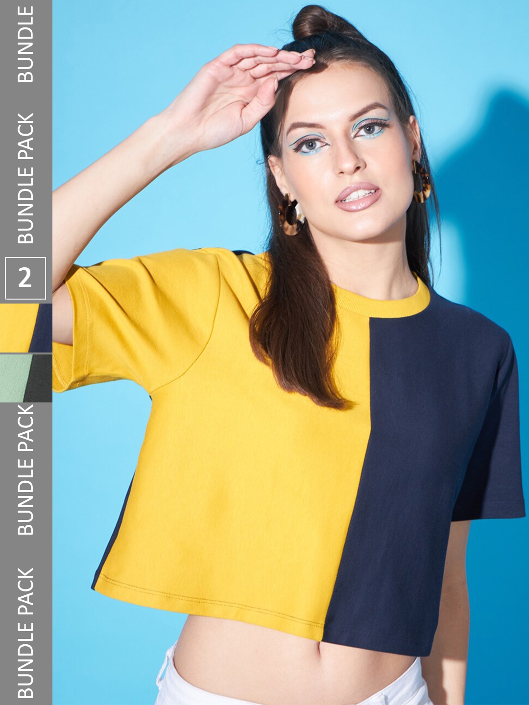 

GUTI Pack Of 2 Colourblocked Crop Cotton Boxy Tops, Yellow