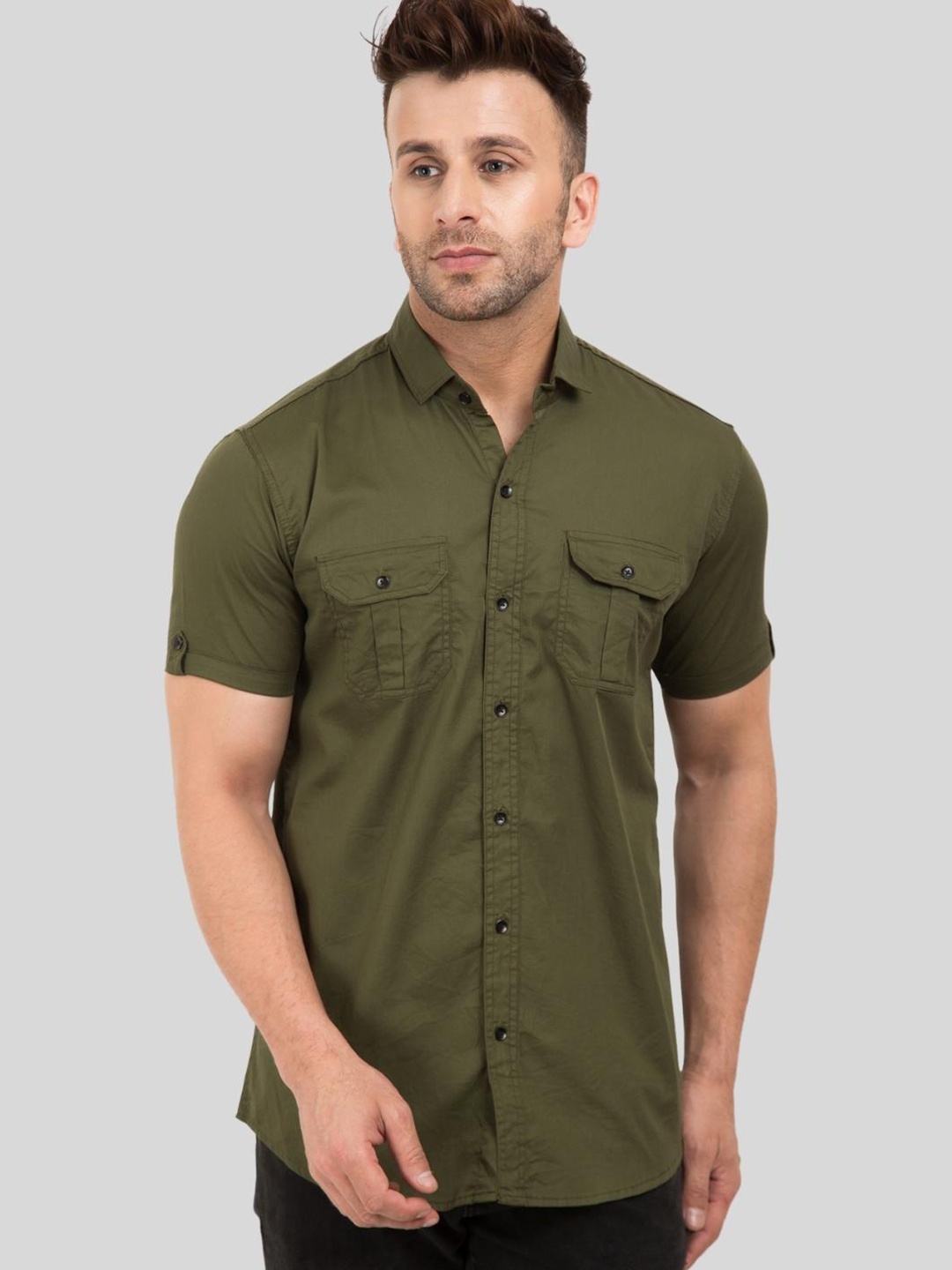 

DEZANO Classic Flap Pocket Roll-Up Sleeves Casual Cotton Shirt, Green