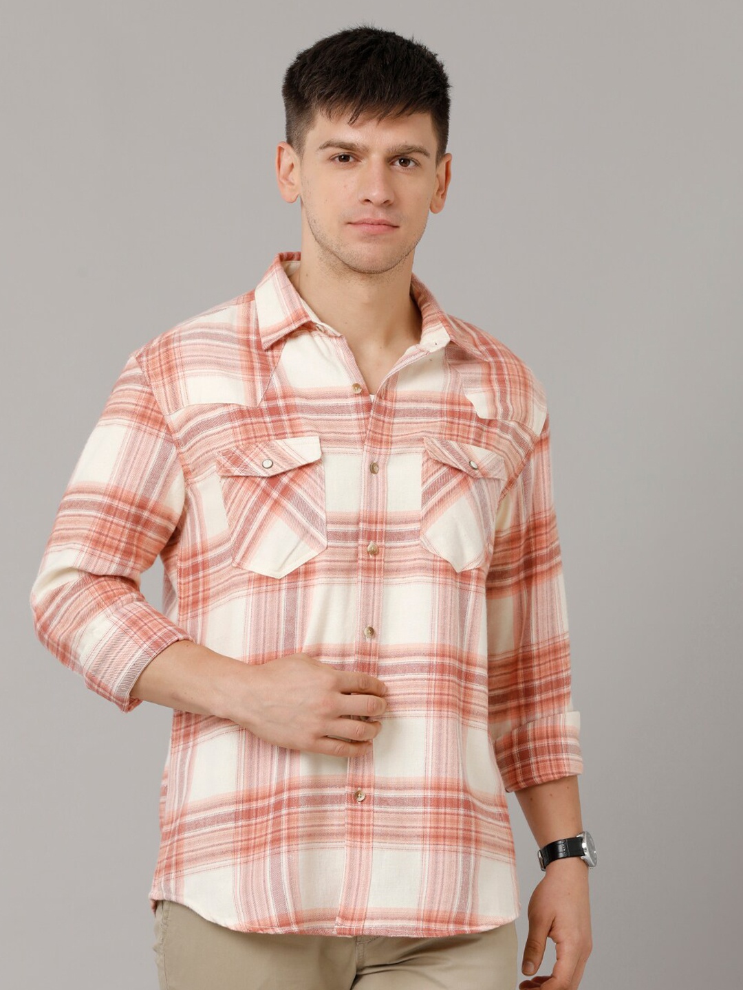 

YOVISH Comfort Tartan Checked Cotton Casual Shirt, Peach