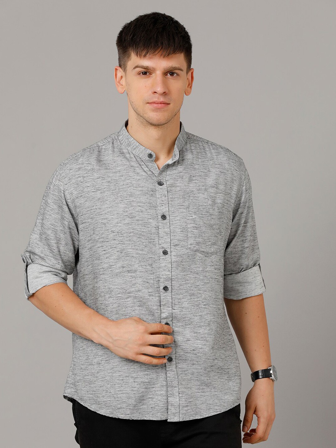 

YOVISH Mandarin Collar Roll Up Sleeves Comfort Opaque Casual Shirt, Grey melange