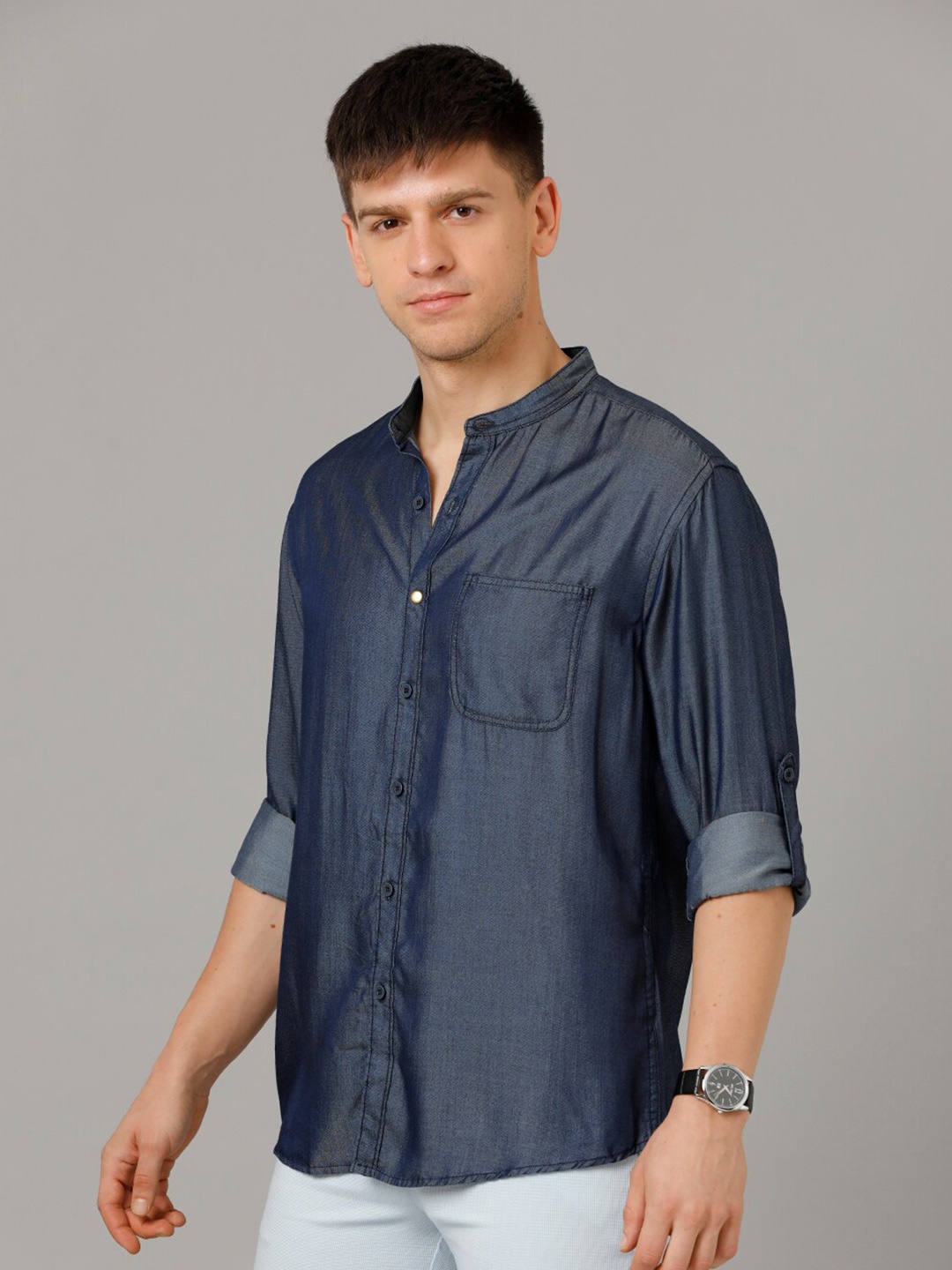 

YOVISH Mandarin Collar Roll Up Sleeves Comfort Opaque Casual Shirt, Blue