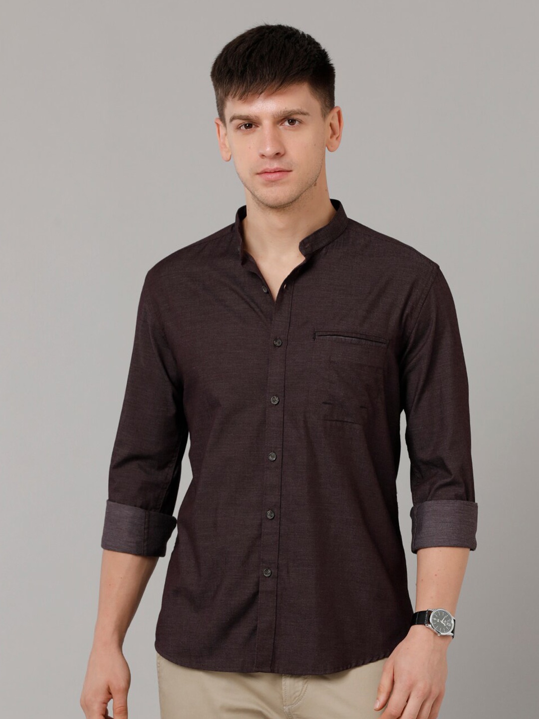 

YOVISH Mandarin Collar Comfort Opaque Casual Shirt, Brown