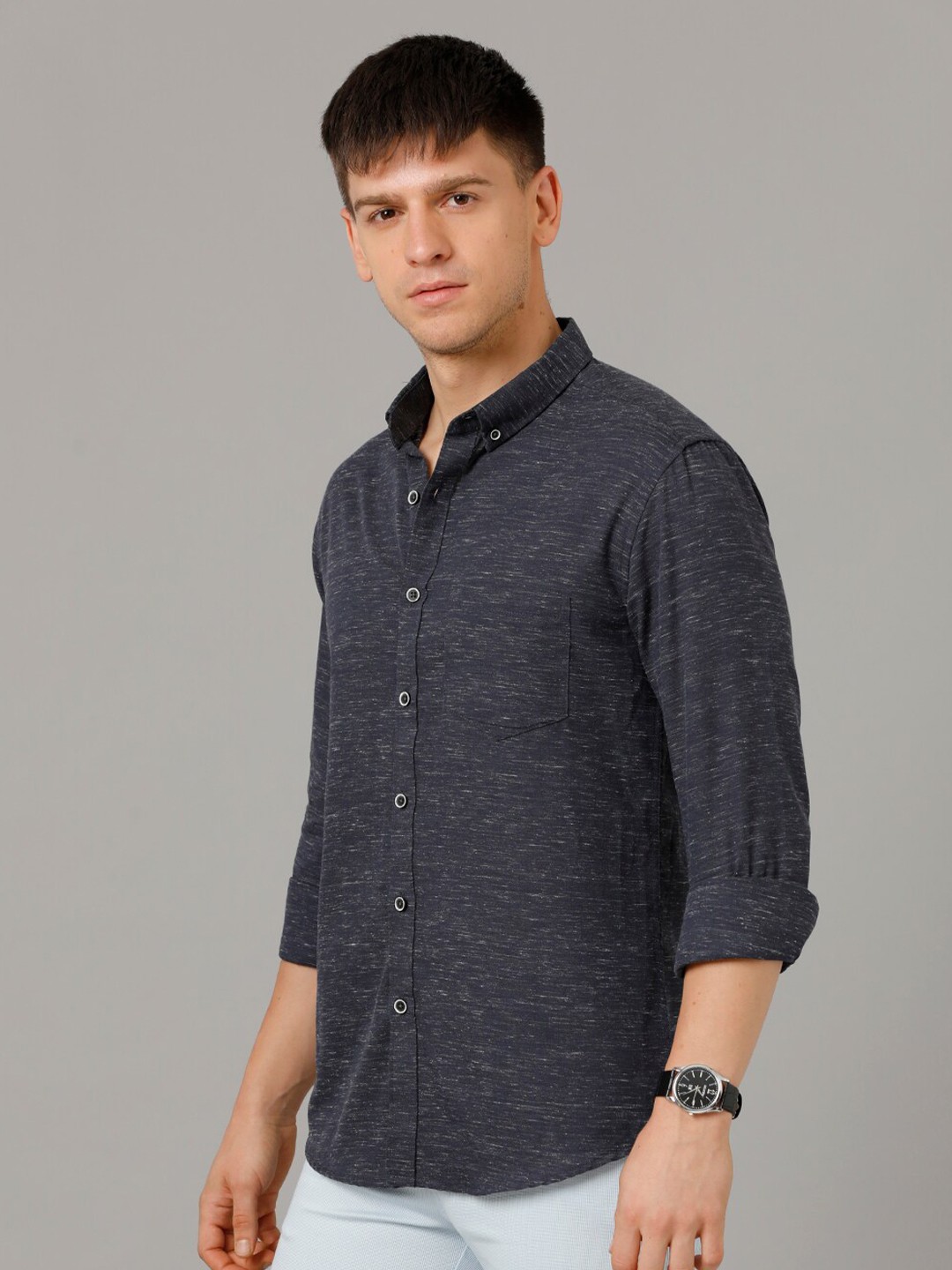 

YOVISH Self Design Button Down Collar Comfort Opaque Casual Shirt, Charcoal