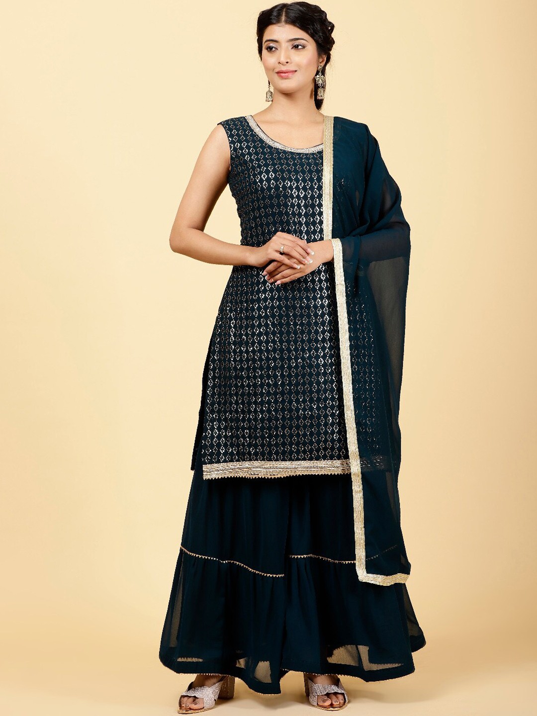 

Meena Bazaar Ethnic Motifs Embroidered Sequined Straight Kurta with Sharara & Dupatta, Navy blue