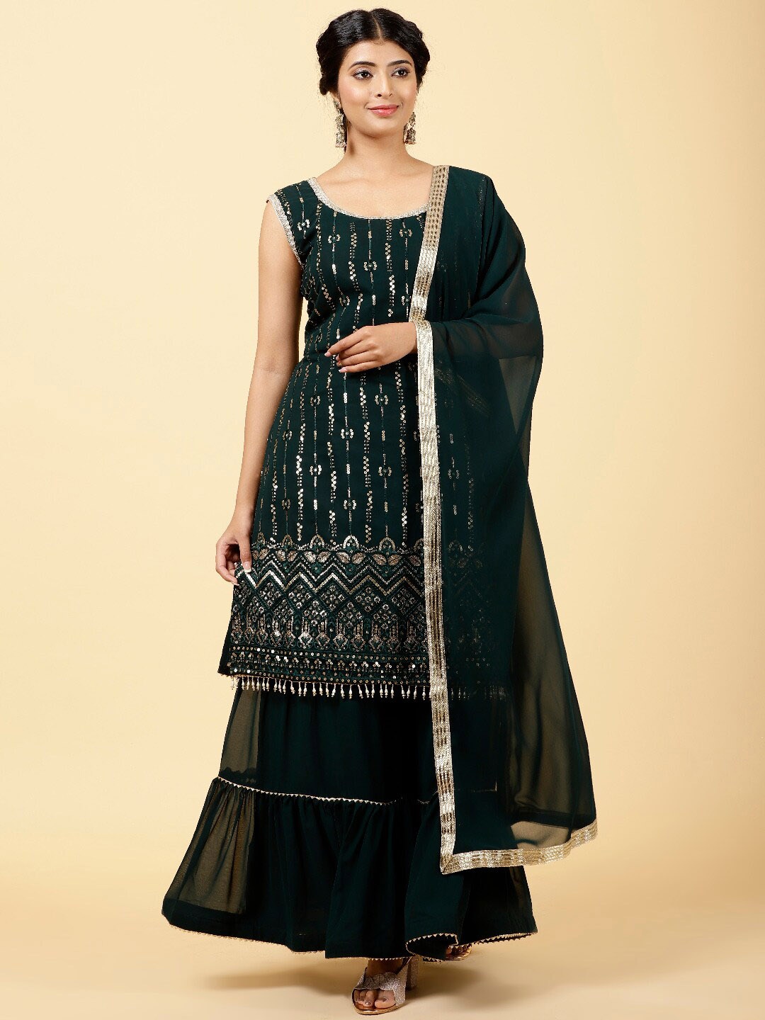 

Meena Bazaar Ethnic Motifs Embroidered Sequined Straight Kurta with Sharara & Dupatta, Green