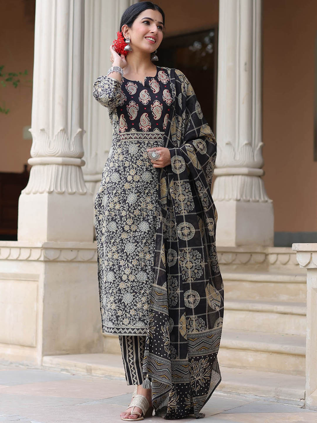 

Meena Bazaar Ethnic Motifs Printed Mirror Work Notched Neck Kurta with Trousers & Dupatta, Black