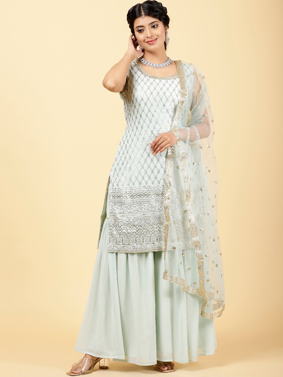 

Meena Bazaar Ethnic motifs Embroidered Sequined Straight Kurta with Sharara & Dupatta, Sea green