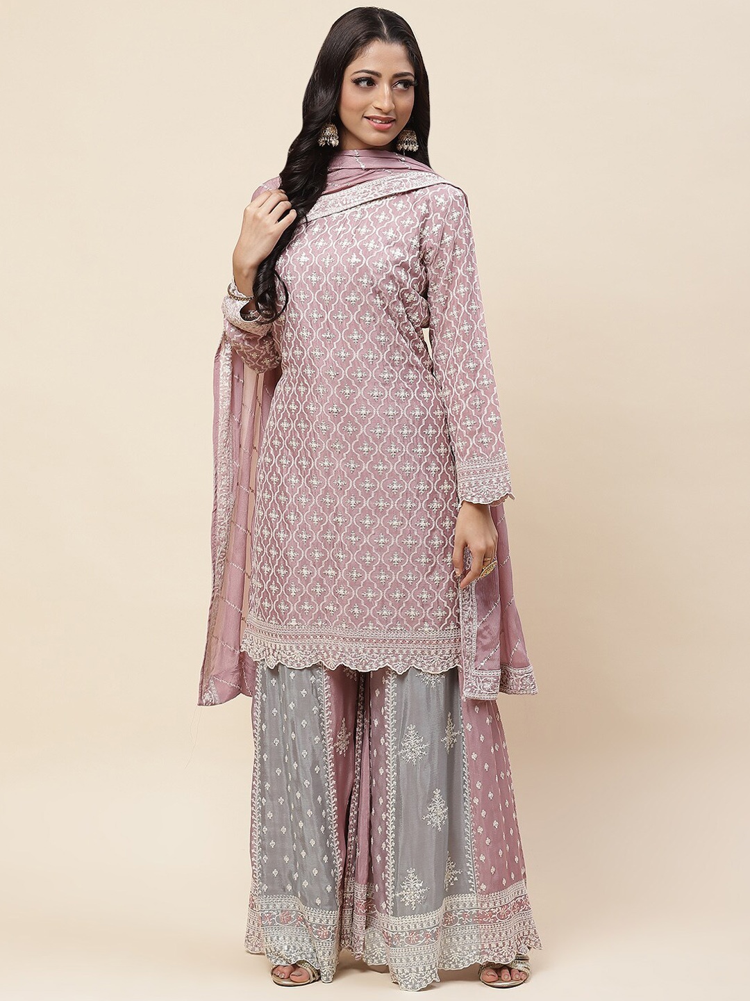 

Meena Bazaar Ethnic Motifs Embroidered Sequinned Straight Kurta with Palazzos & Dupatta, Pink