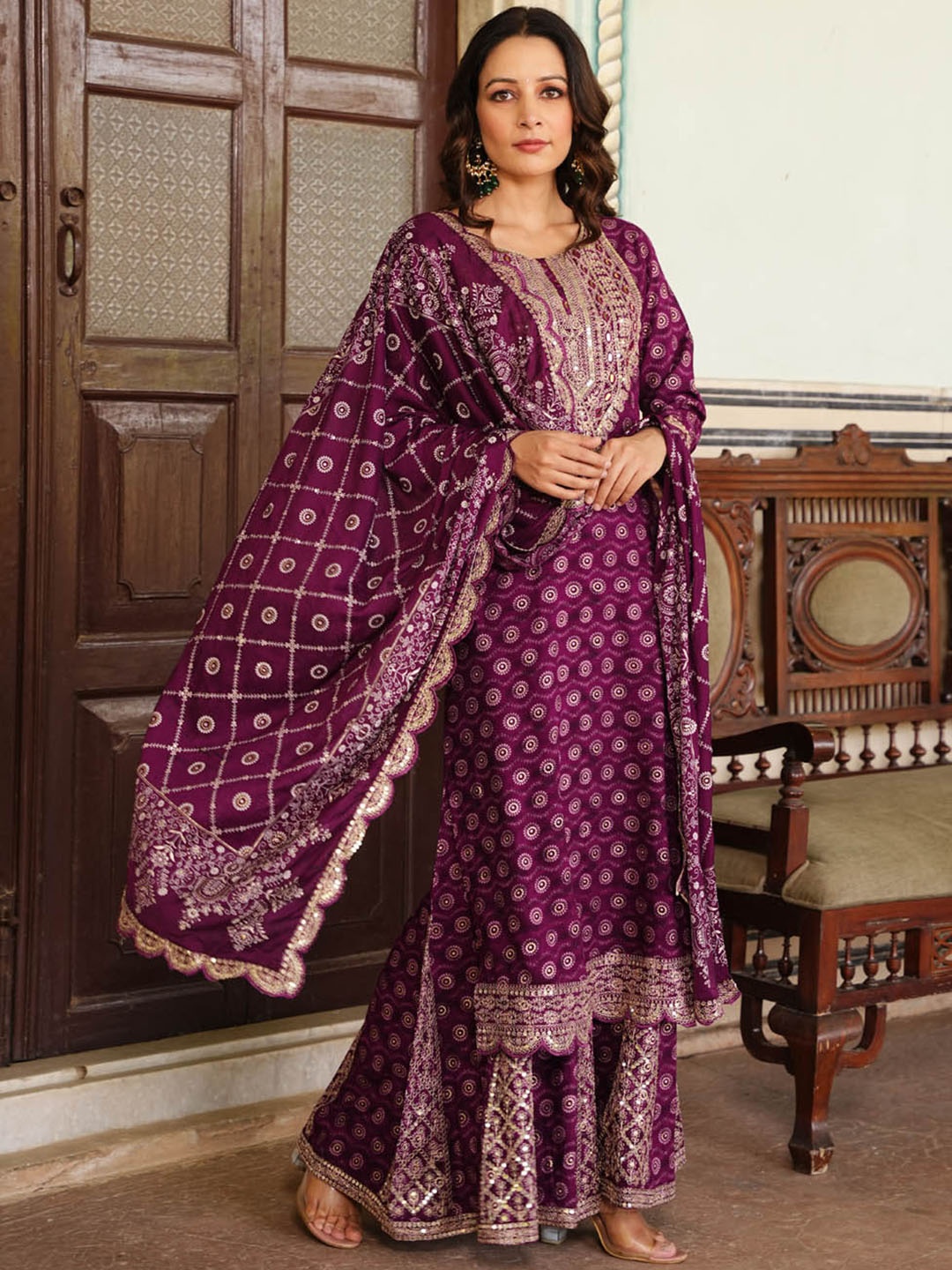 

Meena Bazaar Ethnic Motifs Printed Sequined Kurta with Sharara & With Dupatta, Purple
