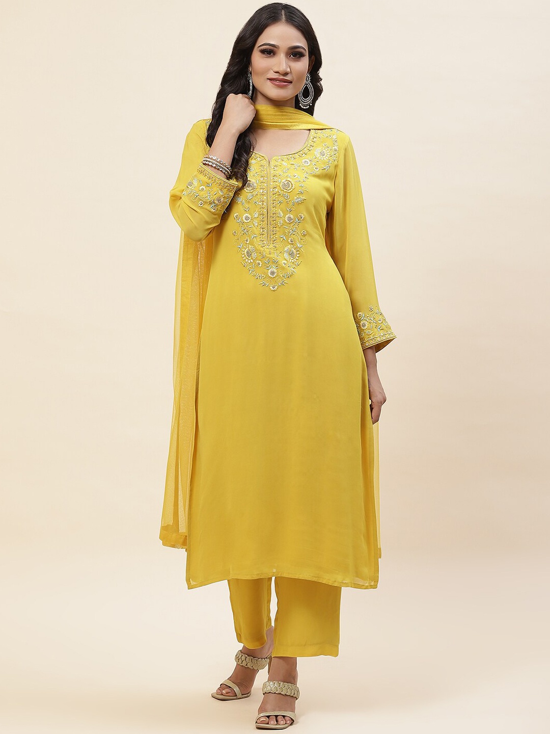 

Meena Bazaar Floral Yoke Design Thread Work Kurta with Trousers & With Dupatta, Yellow
