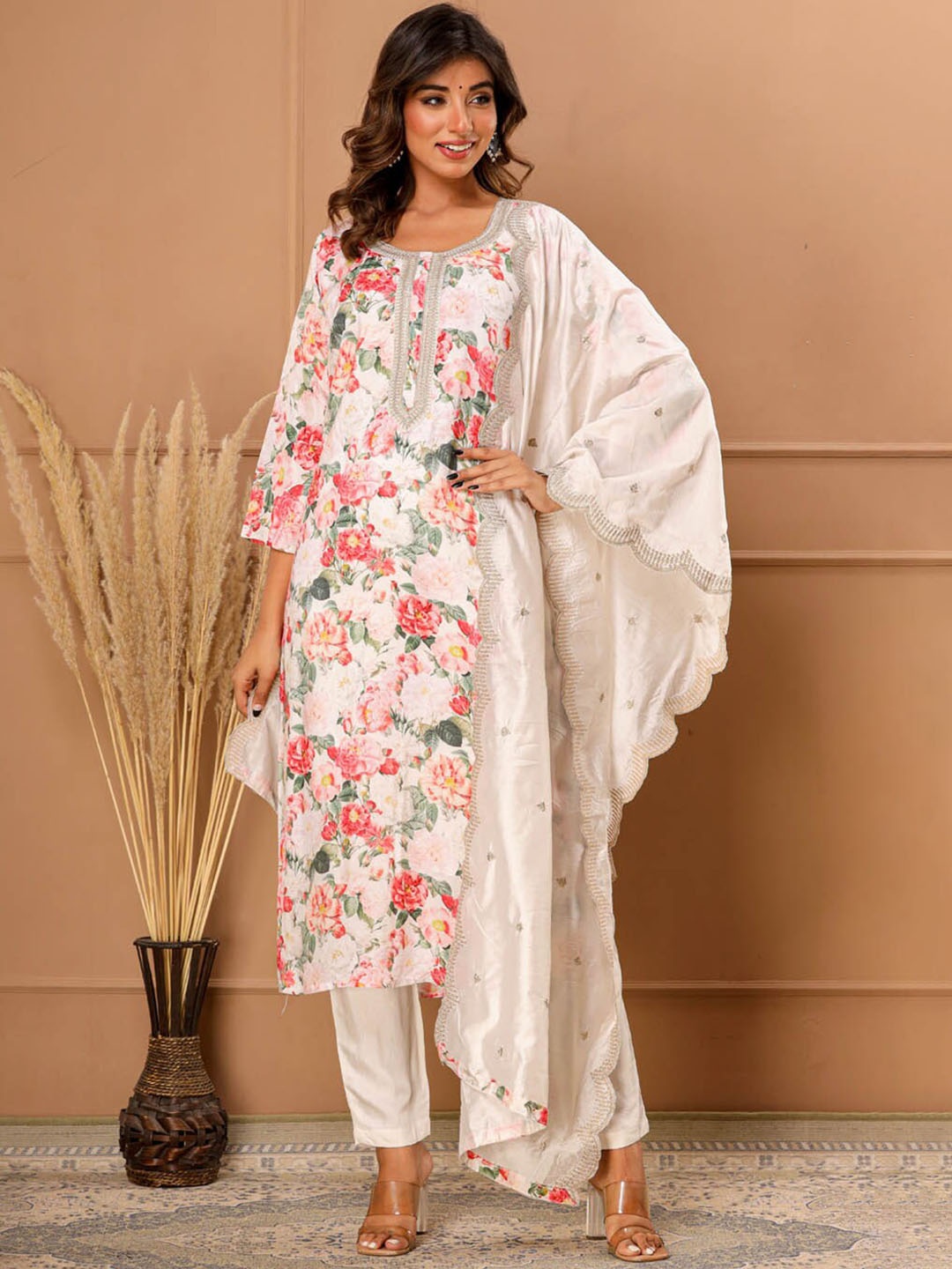 

Meena Bazaar Floral Printed Sequinned Kurta with Trousers & Dupatta, Cream