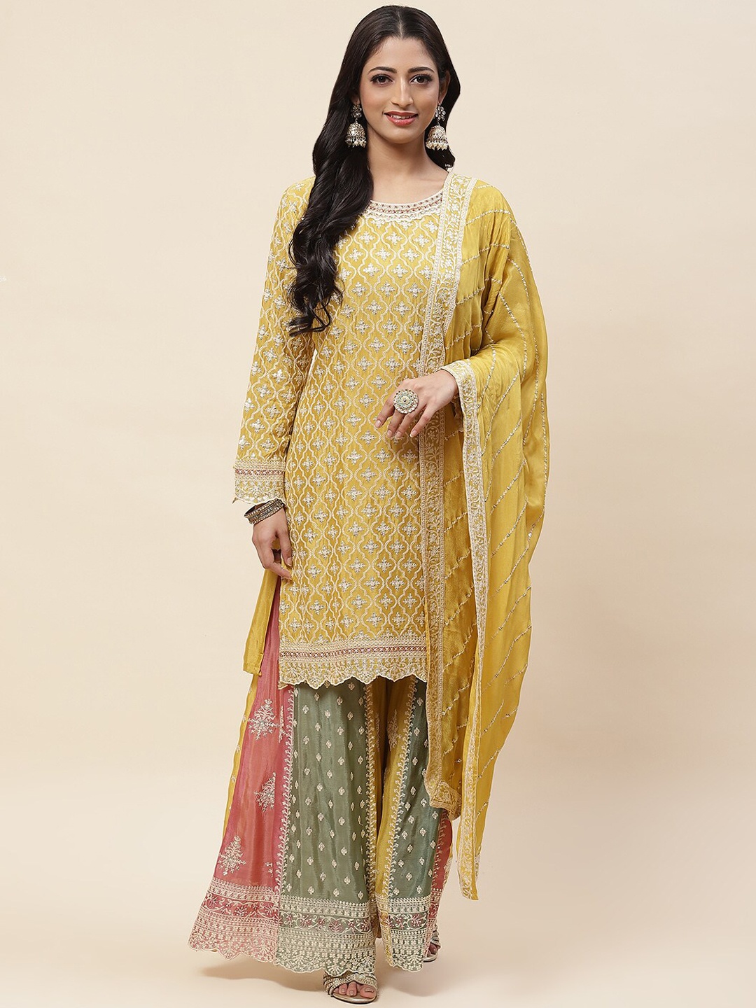 

Meena Bazaar Ethnic Motifs Embroidered Sequinned Straight Kurta with Palazzos & Dupatta, Mustard