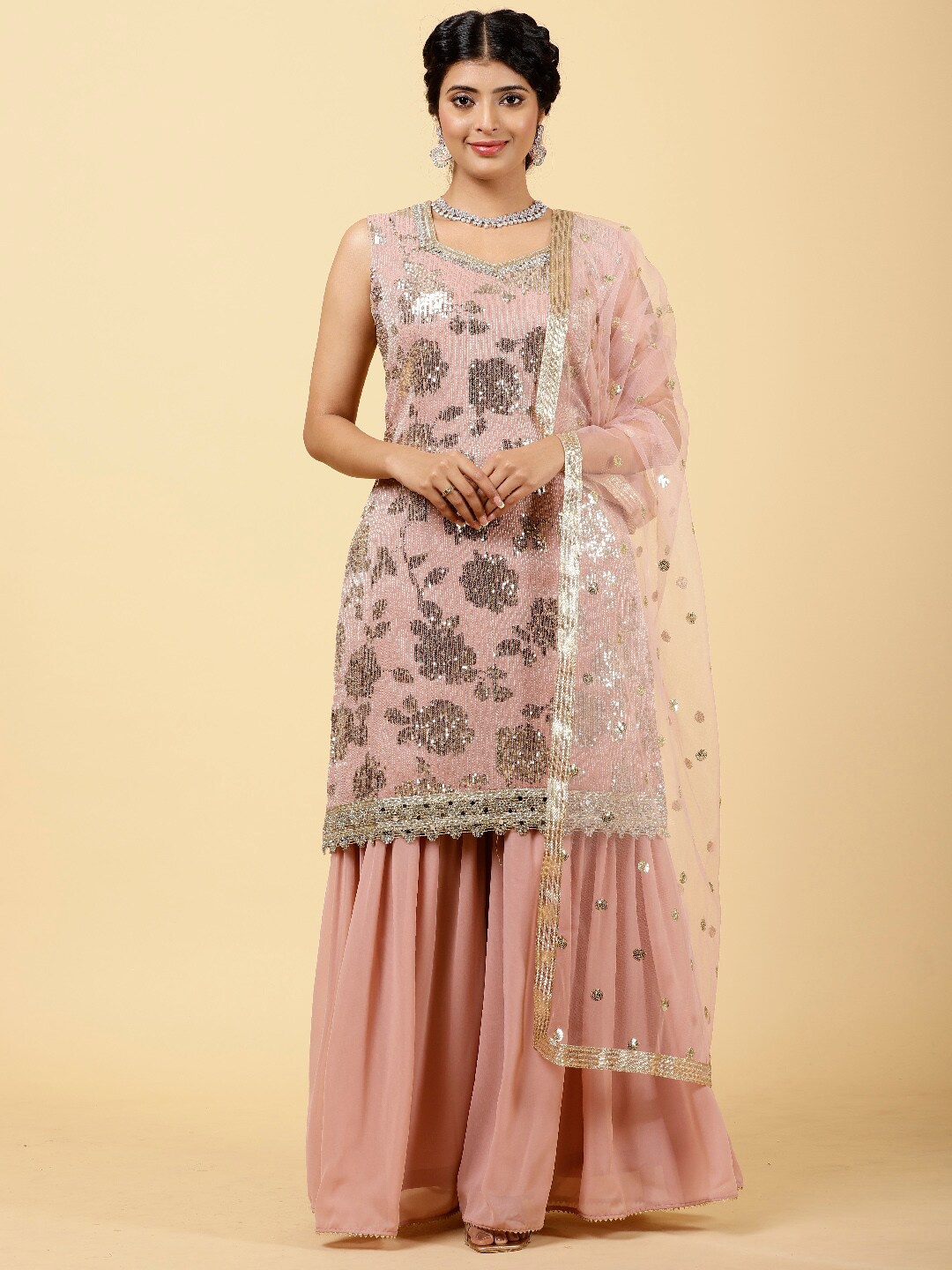 

Meena Bazaar Floral Embroidered Sequinned Gotta Patti Detail Kurta with Sharara & Dupatta, Pink