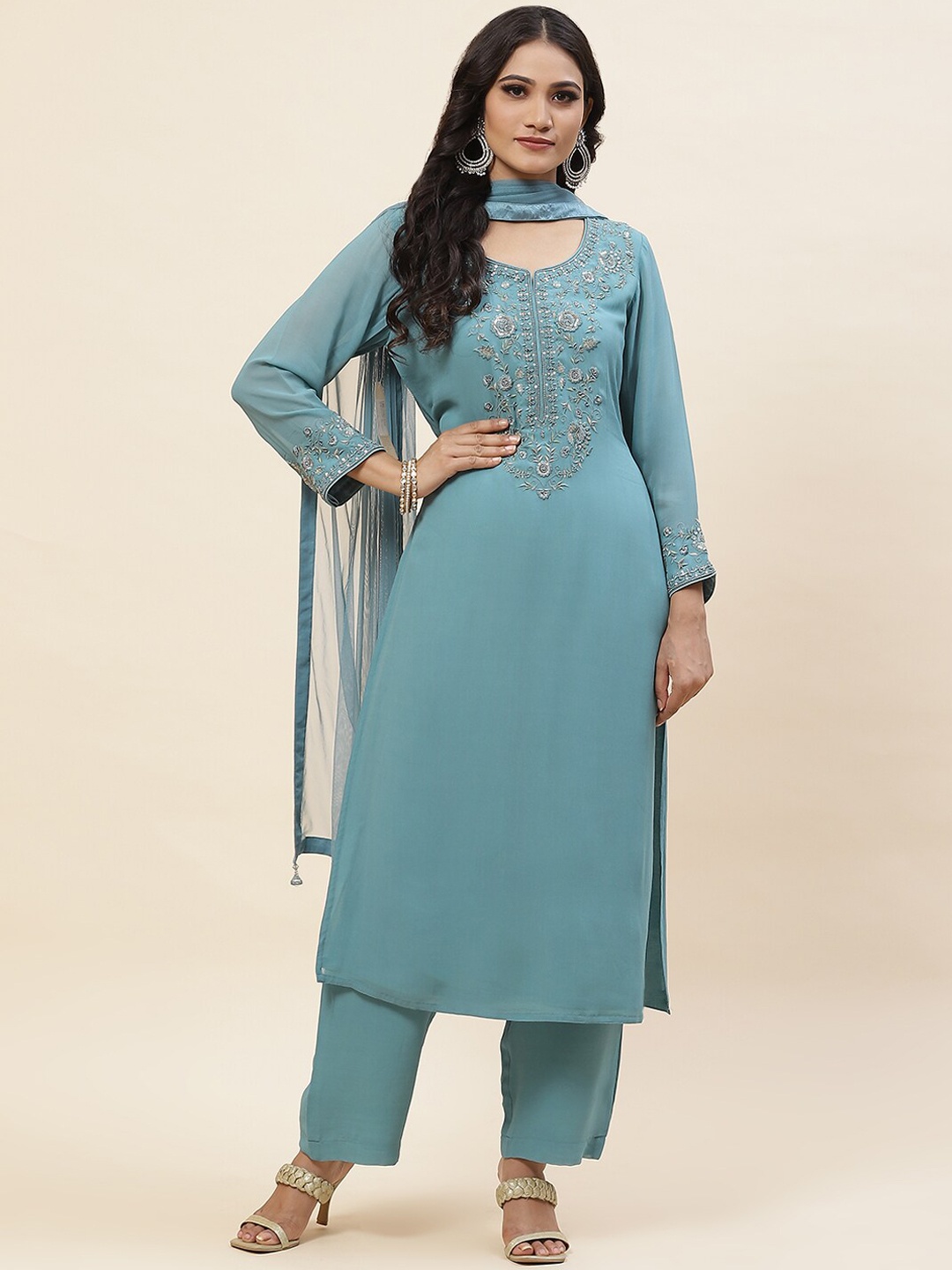 

Meena Bazaar Ethnic Motifs Thread Work Straight Kurta & Trousers with Dupatta, Blue