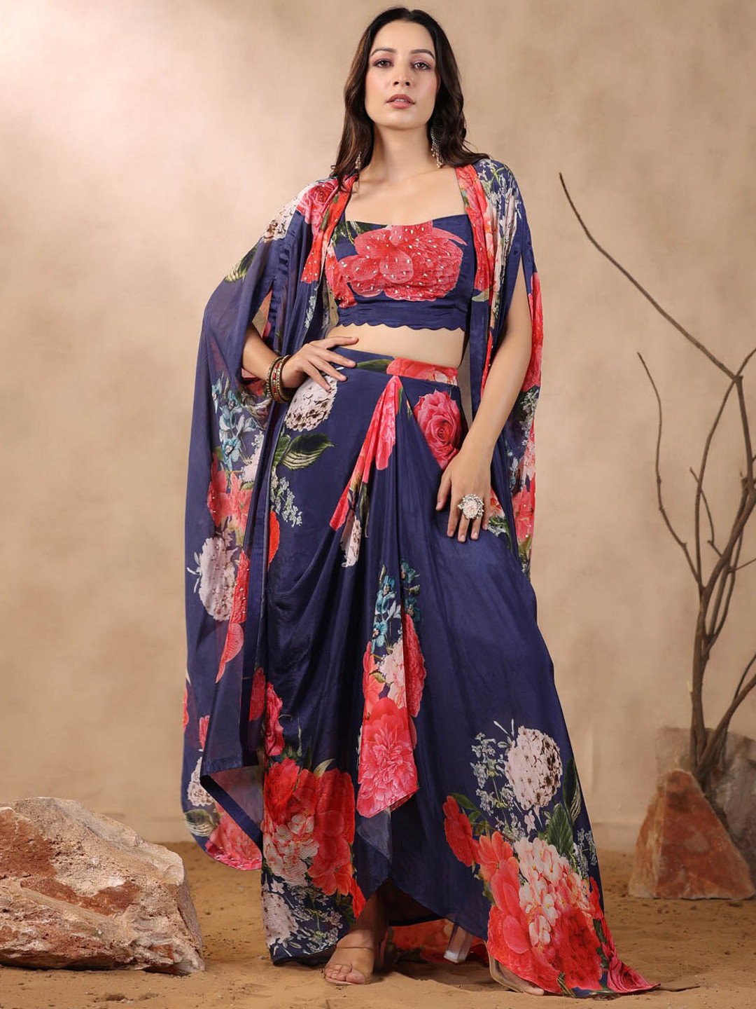 

Meena Bazaar Floral Printed Top & Skirt With Shrug, Navy blue