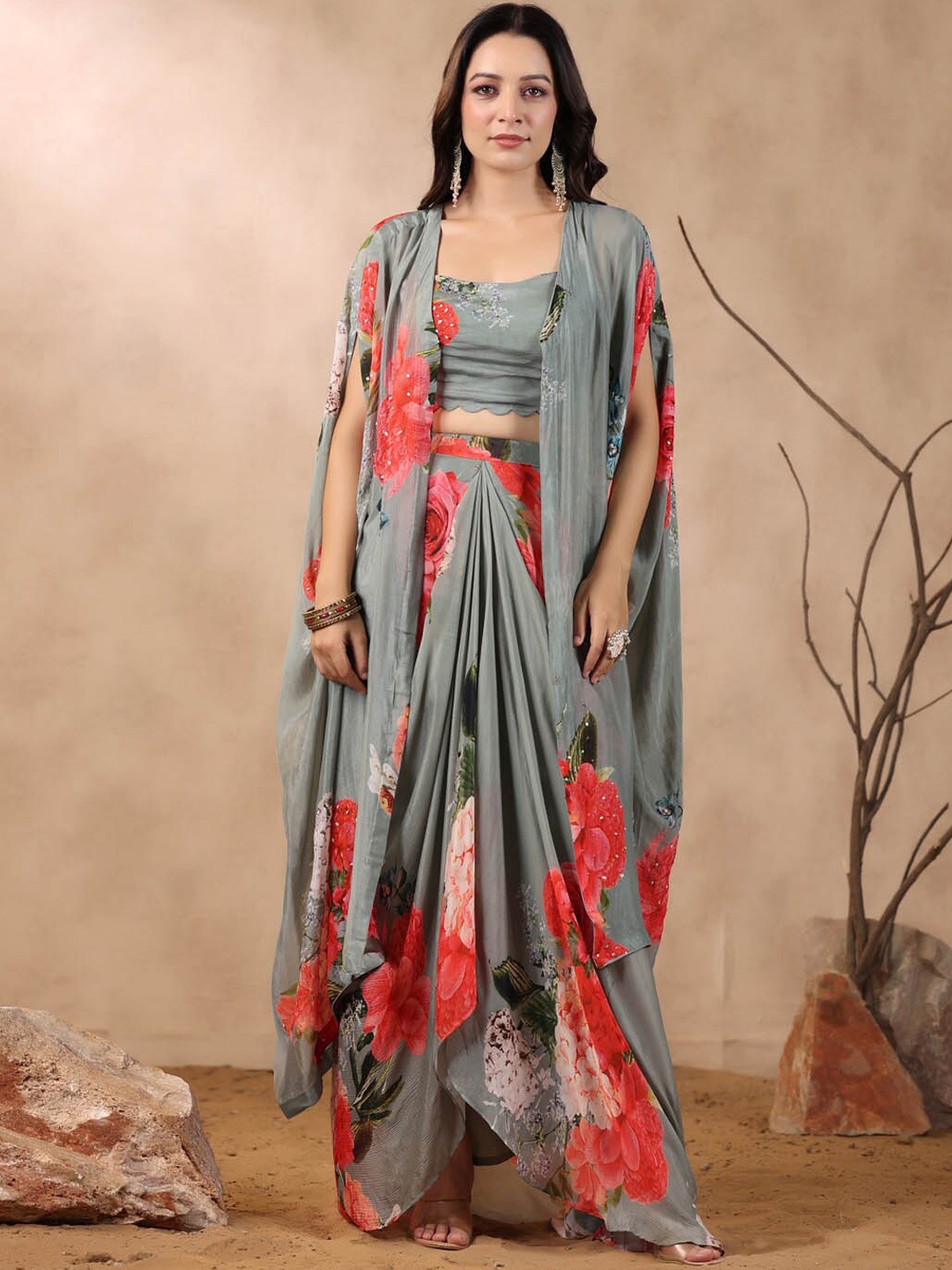 

Meena Bazaar Floral Printed Top with Skirt & With Shrug, Grey