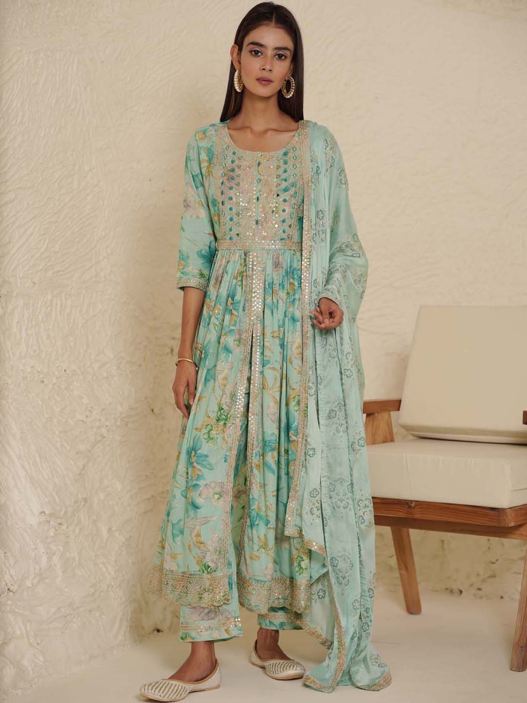 

Meena Bazaar Floral Printed Sequinned Detail Anarkali Kurta & Trousers with Dupatta, Sea green