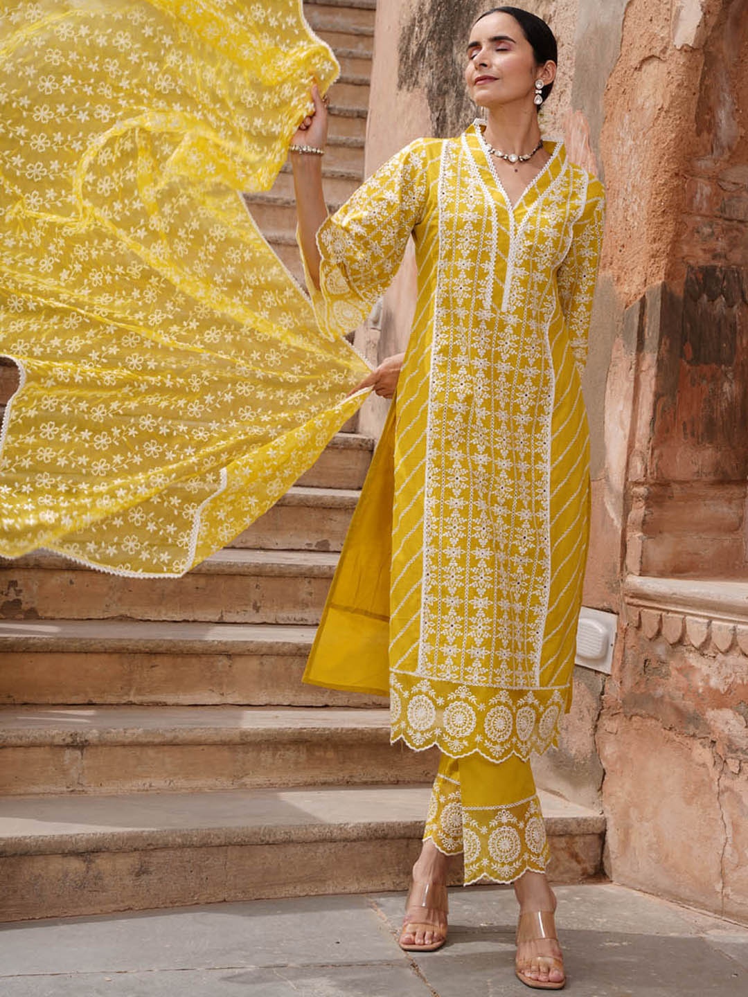 

Meena Bazaar Thread Work Detail Flared Sleeves Kurta & Trousers with Dupatta, Mustard