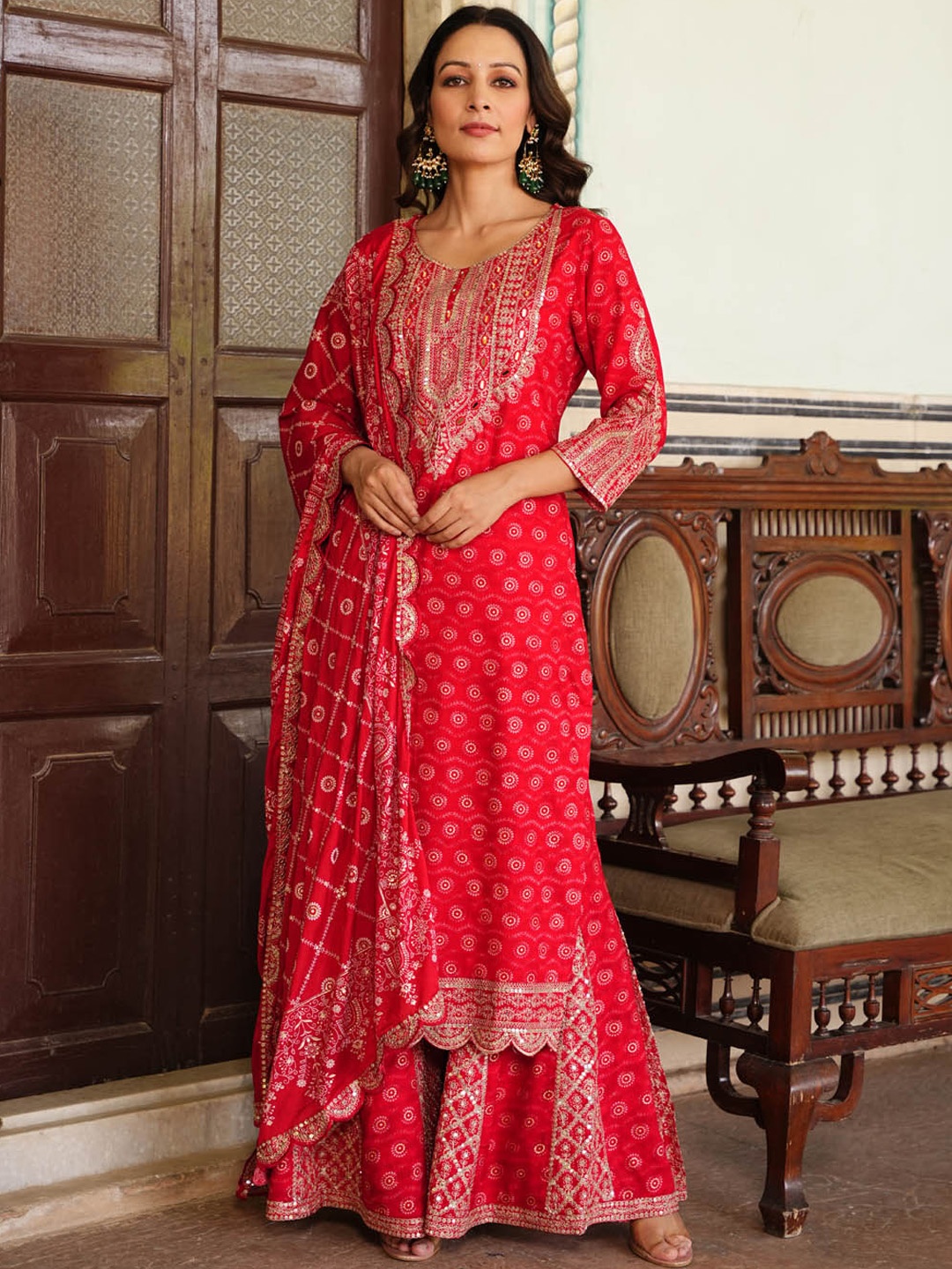 

Meena Bazaar Ethnic Motifs Sequinned Detail Kurta with Sharara & With Dupatta, Red