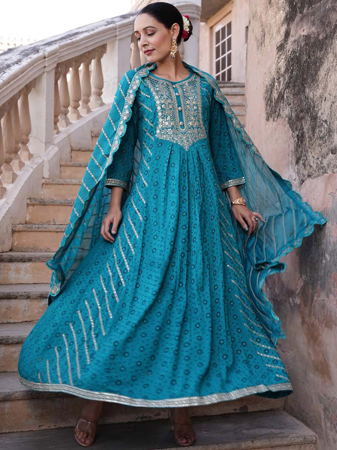 

Meena Bazaar Sequinned Detail Kurta with Trousers & With Dupatta, Blue