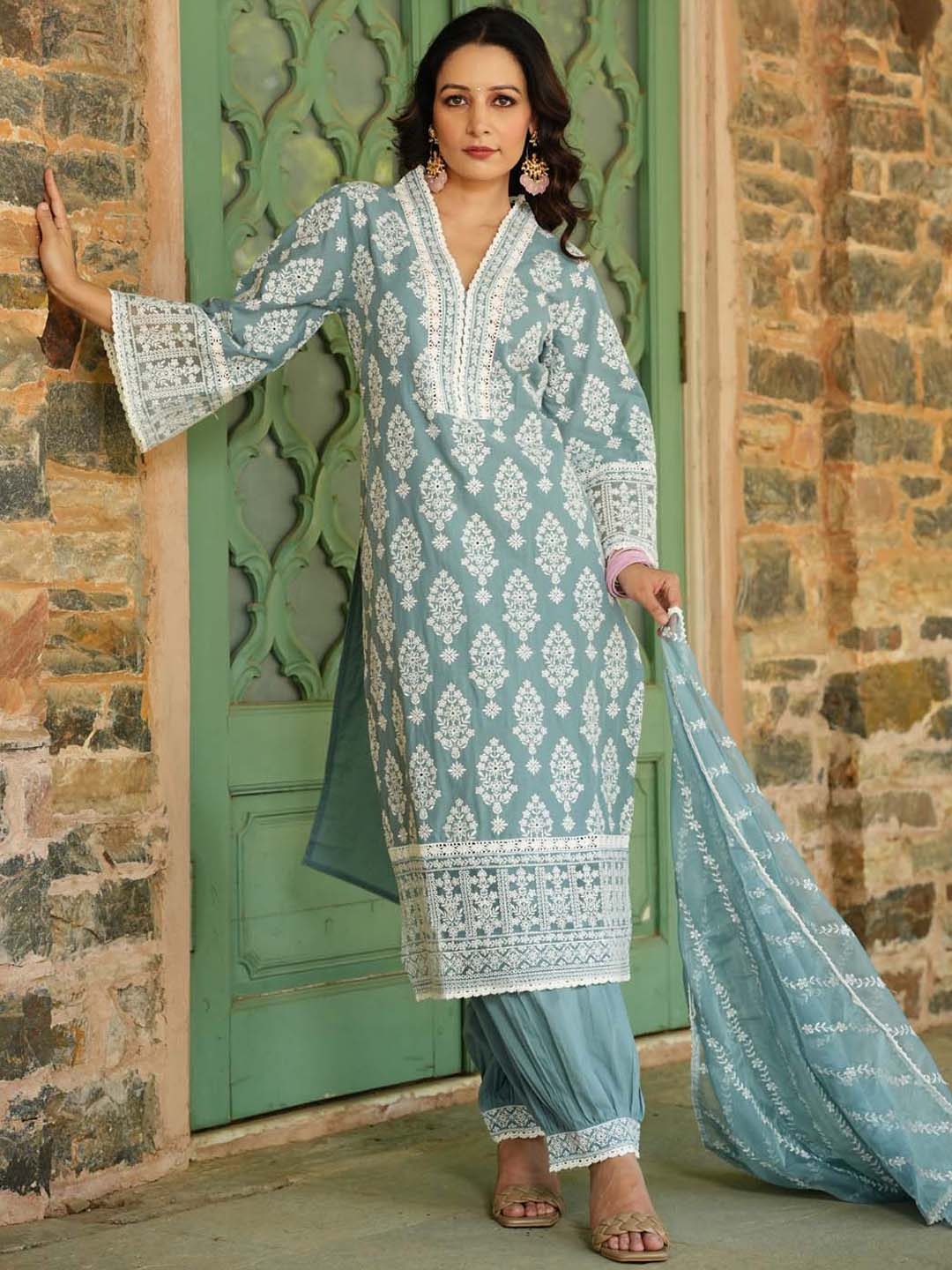 

Meena Bazaar Ethnic Motifs Thread Work Flared Sleeves Kurta with Patiala & With Dupatta, Grey