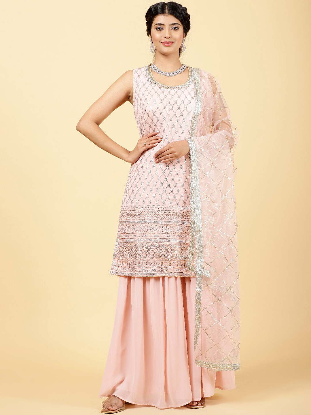 

Meena Bazaar Geometric Embroidered Regular Sequinned Kurta With Sharara & Dupatta, Pink