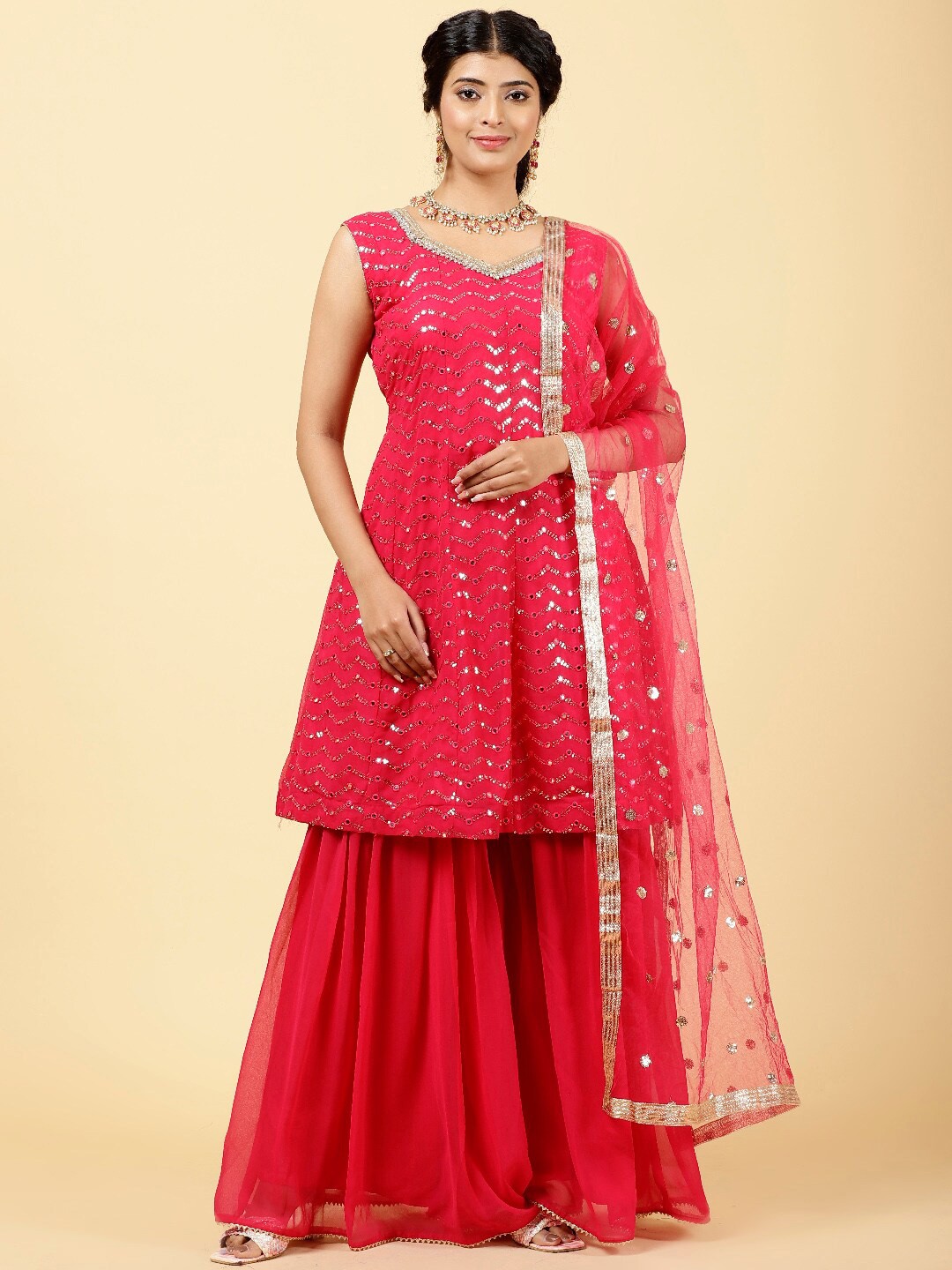 

Meena Bazaar Chevron Embroidered Panelled Sequinned Kurta With Sharara & Dupatta, Pink