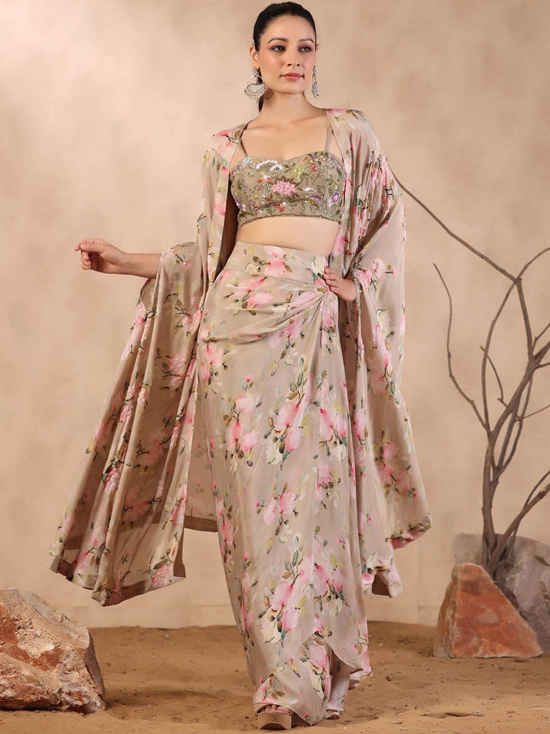 

Meena Bazaar Floral Printed Shoulder Straps Top & Skirt With Shurgs, Beige