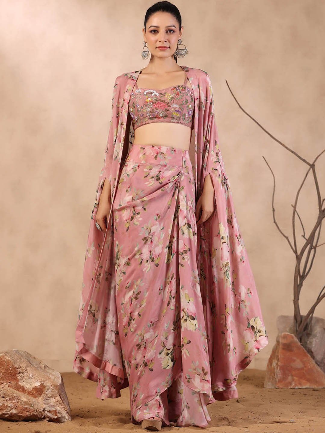 

Meena Bazaar Floral Printed Top & Skirt With Shrug, Pink