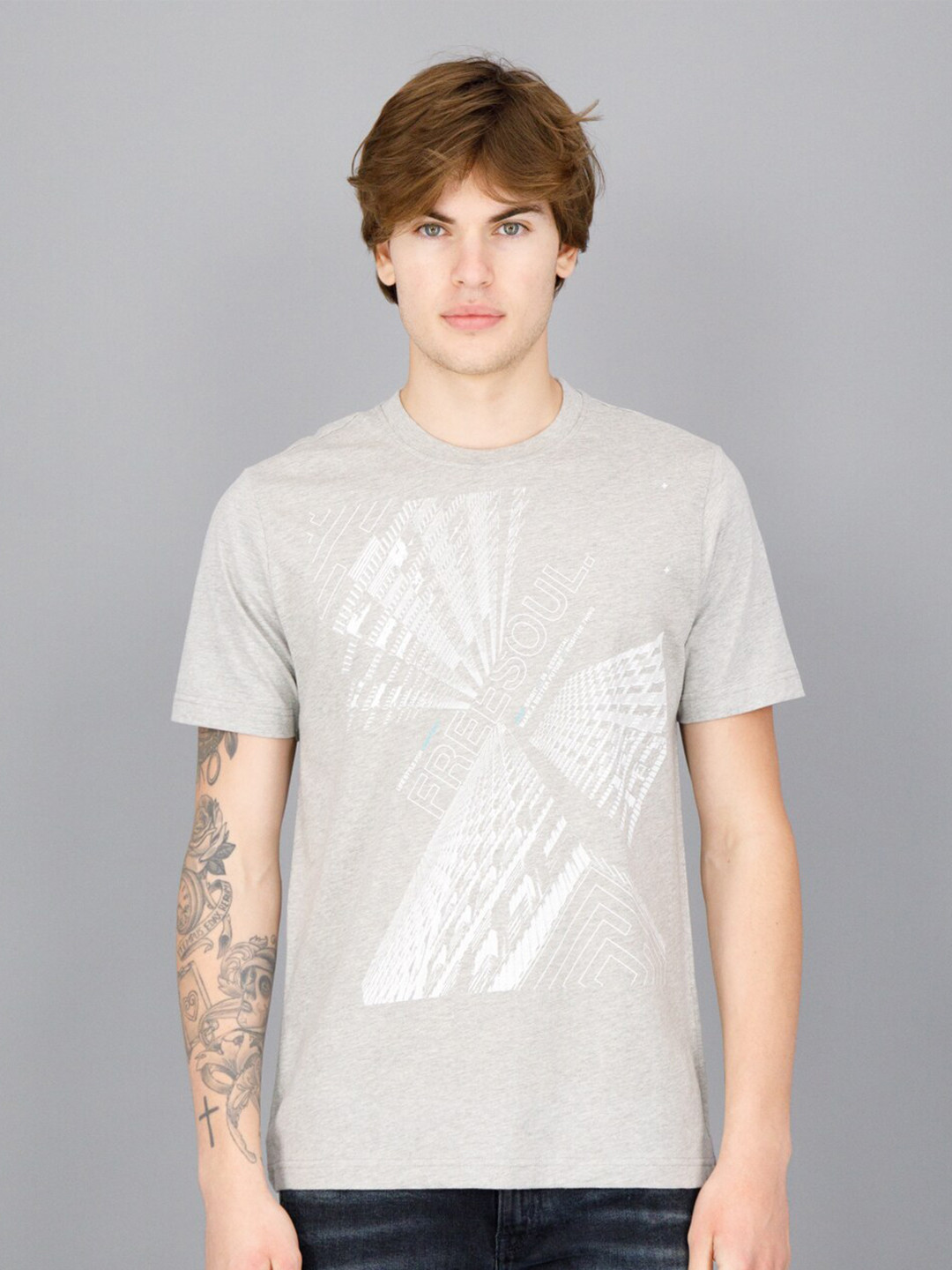 

FREESOUL Graphic Printed Round Neck Regular Fit T-shirt, Grey