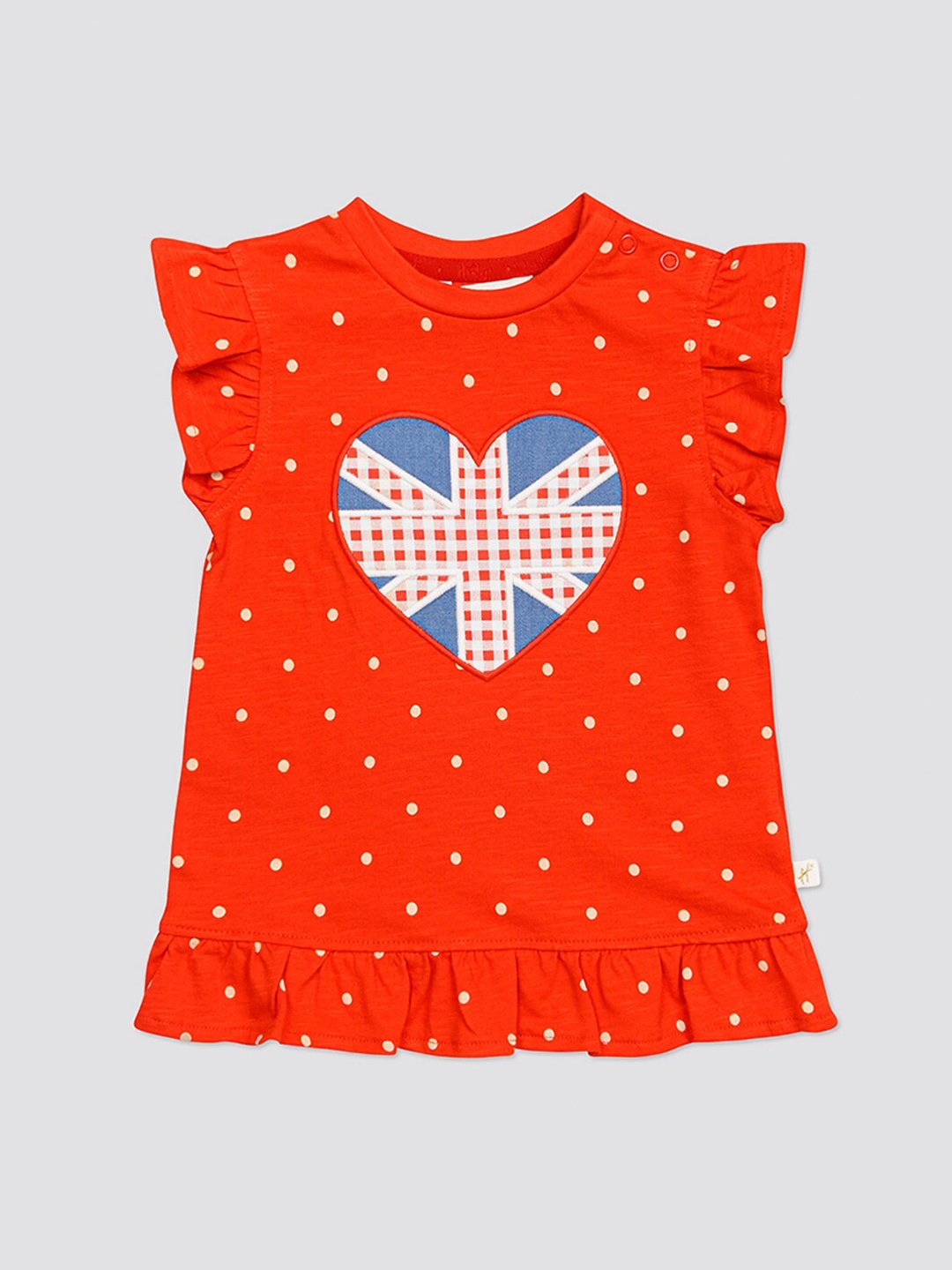 

H By Hamleys Girls Polka Dots Printed Flutter Sleeves Cotton Top, Red