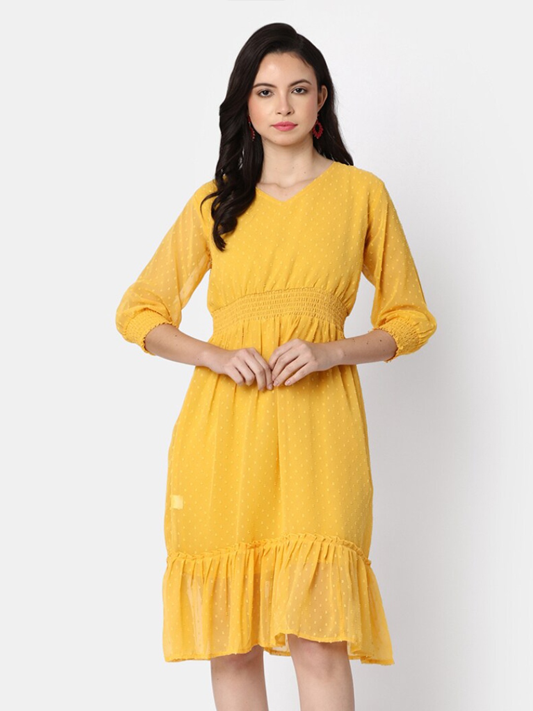 

V-Mart Self Design Cuffed Sleeves Smocked Cotton Fit & Flare Dress, Gold