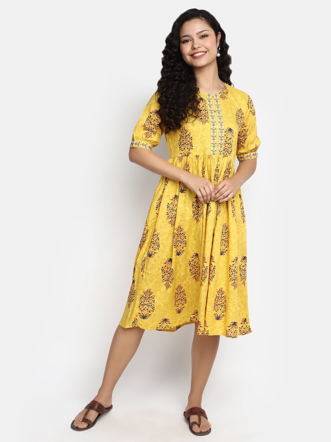 

V-Mart Floral Printed Puff Sleeves Gathered A-Line Dress, Yellow
