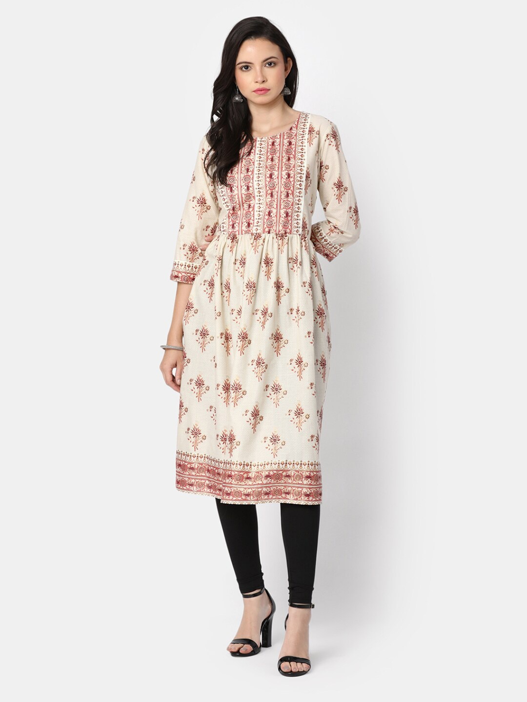 

V-Mart Ethnic Motifs Printed Gathered Cotton Fit & Flare Ethnic Dress, Beige