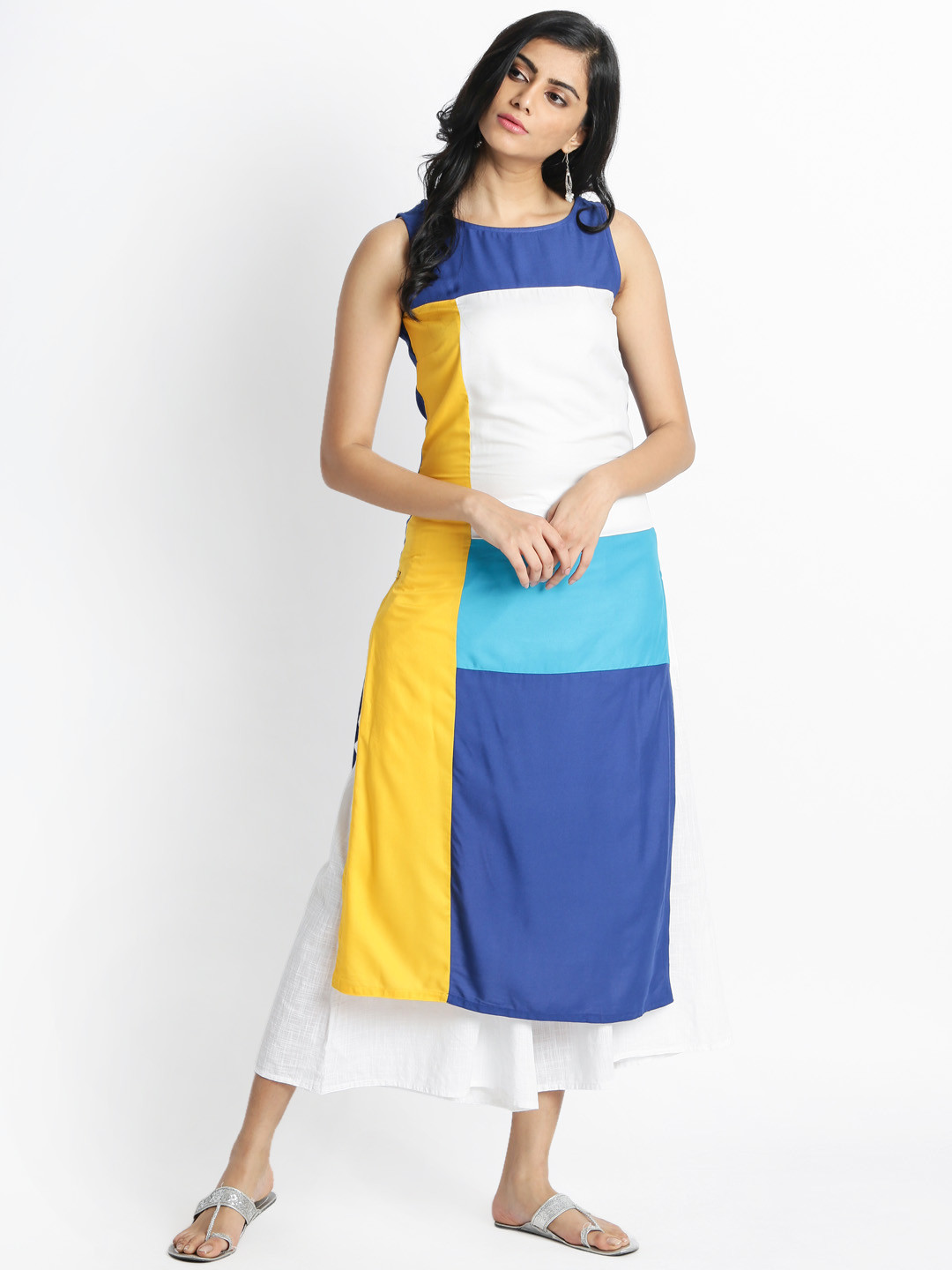 

RANGMANCH BY PANTALOONS Women Navy & Yellow Colourblocked Straight Kurta, Navy blue