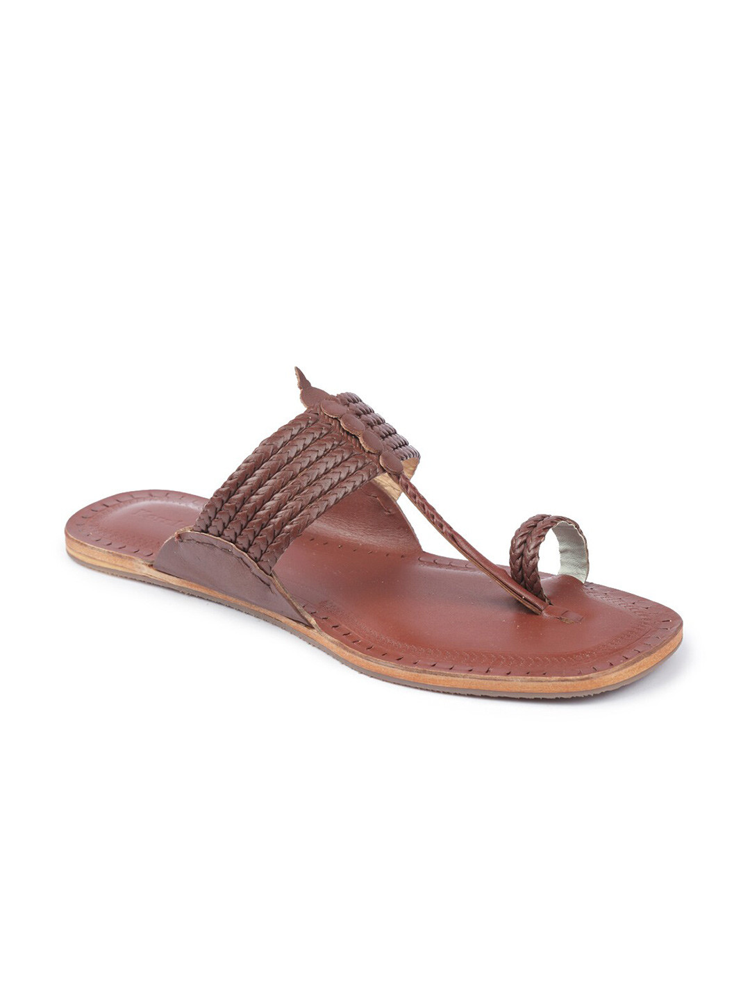 

KORAKARI Men Six Red Braided Ethnic Leather Comfort Sandals, Tan