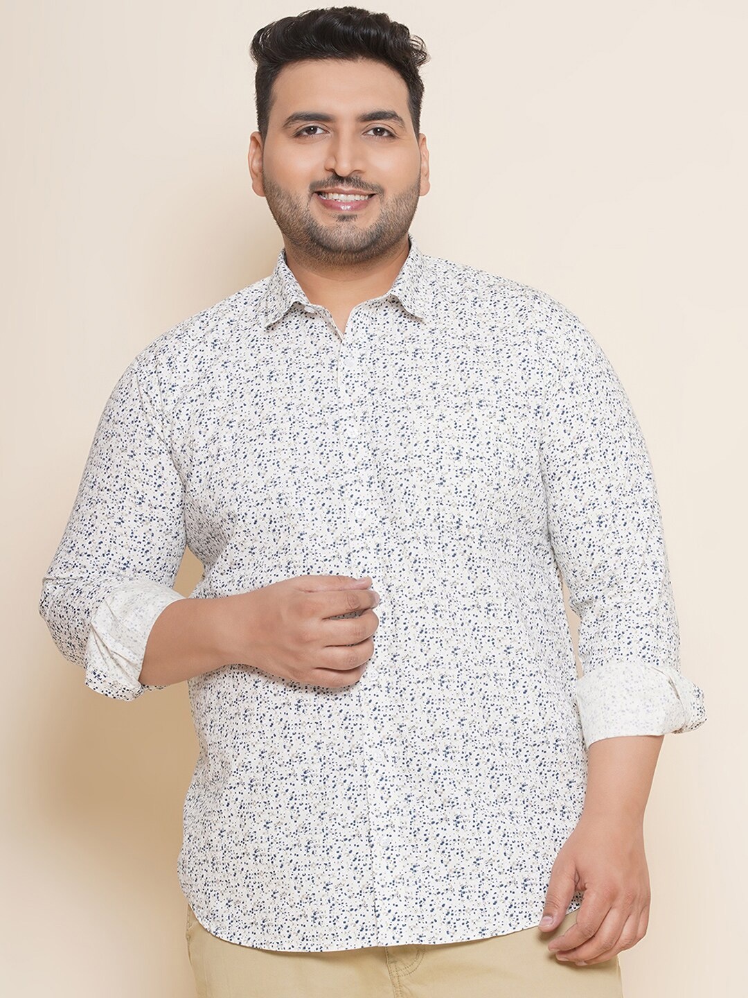 

John Pride Plus Size Micro Ditsy Printed Spread Collar Pure Cotton Casual Shirt, Off white