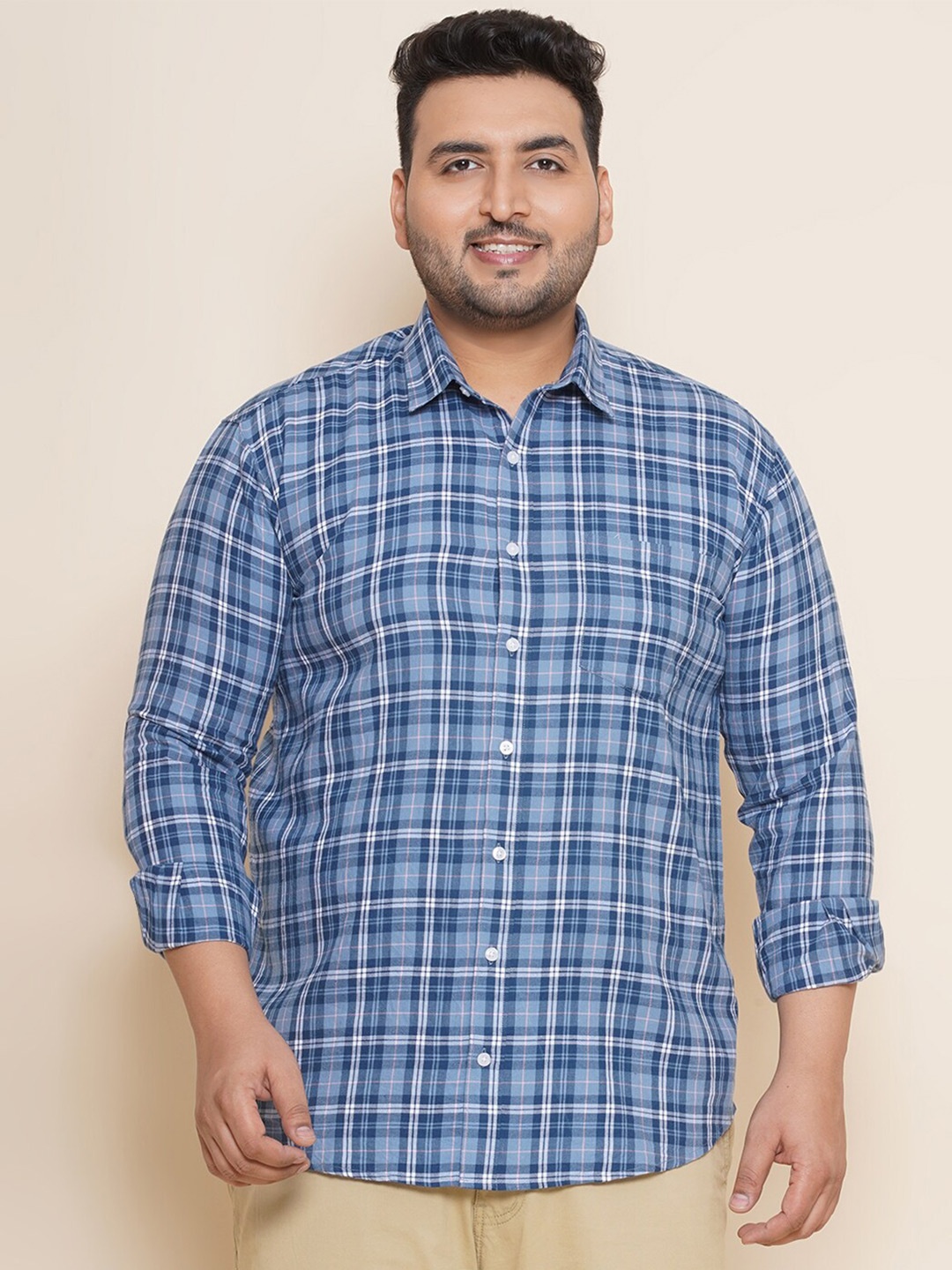 

John Pride Plus Size Checked Spread Collar Pure Cotton Casual Shirt, Blue