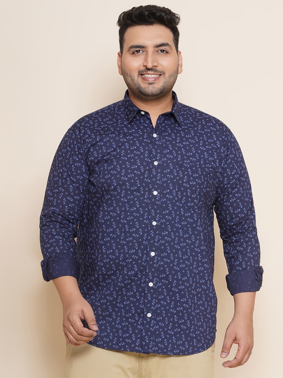 

John Pride Plus Size Micro Ditsy Printed Spread Collar Pure Cotton Casual Shirt, Navy blue