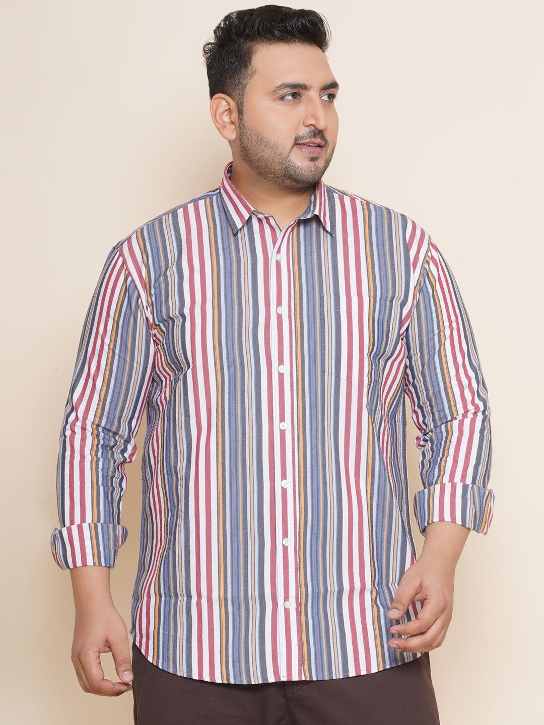 

John Pride Plus Size Vertical Striped Pure Cotton Casual Shirt, Blue