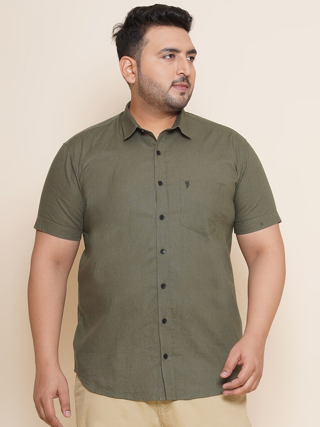 

John Pride Plus Size Spread Collar Pure Cotton Casual Shirt, Olive