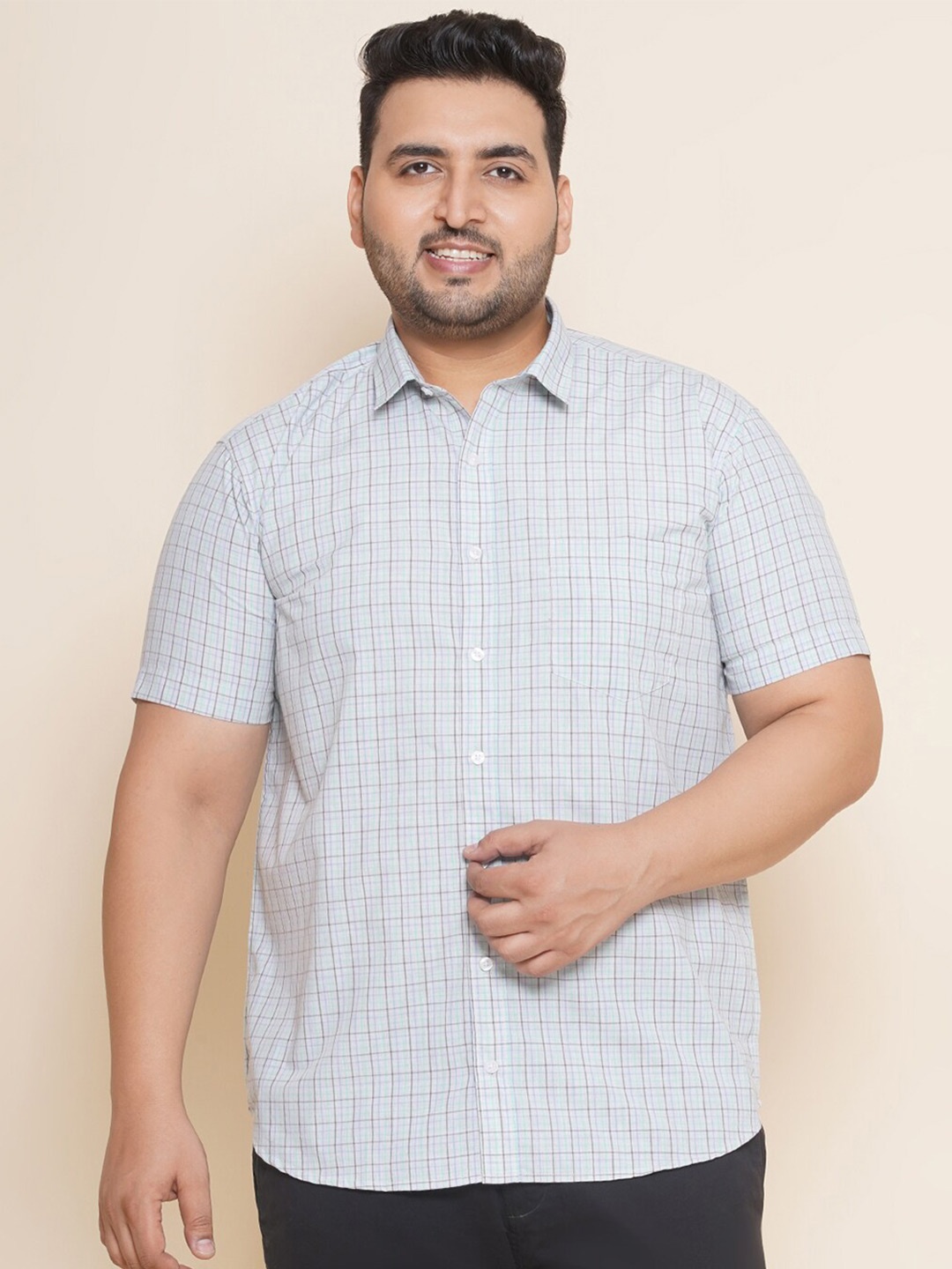 

John Pride Plus Size Checked Spread Collar Pure Cotton Casual Shirt, Grey